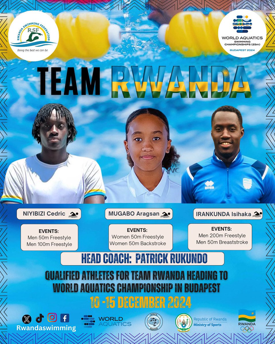 Rwanda Aquatics Federation (@rwandaaquatics) on Twitter photo Tunejejwe no kubagezaho Abakinnyi n’umutoza bazahagararira U Rwanda mu mikino ya World Aquatics Championships izabera muri Pisine ya 25M ikabera muri Budapest guhera taliki 10-15/12/2024
Tubifurije amahirwe masa
<a href="/IGIHESports/">IGIHE Sports</a>
<a href="/TimesSportRW/">The New Times (Sports)</a>
<a href="/rbarwanda/">Rwanda Broadcasting Agency (RBA)</a>
<a href="/Radiotv10rwanda/">RadioTv10 Rwanda</a> Tunejejwe no kubagezaho Abakinnyi n’umutoza bazahagararira U Rwanda mu mikino ya World Aquatics Championships izabera muri Pisine ya 25M ikabera muri Budapest guhera taliki 10-15/12/2024
Tubifurije amahirwe masa
<a href="/IGIHESports/">IGIHE Sports</a>
<a href="/TimesSportRW/">The New Times (Sports)</a>
<a href="/rbarwanda/">Rwanda Broadcasting Agency (RBA)</a>
<a href="/Radiotv10rwanda/">RadioTv10 Rwanda</a>