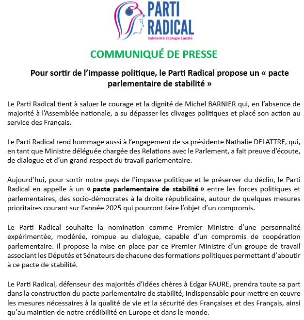 Parti Radical (@partiradical) on Twitter photo 🗣️Suite à la #MotionDeCensure , pour sortir de l'impasse politique, le <a href="/PartiRadical/">Parti Radical</a> propose un « pacte parlementaire de stabilité » autour de quelques mesures prioritaires courant sur l’année 2025 qui pourront faire l’objet d’un compromis.
A lire : bit.ly/3ZpeBss ⤵️ 🗣️Suite à la #MotionDeCensure , pour sortir de l'impasse politique, le <a href="/PartiRadical/">Parti Radical</a> propose un « pacte parlementaire de stabilité » autour de quelques mesures prioritaires courant sur l’année 2025 qui pourront faire l’objet d’un compromis.
A lire : bit.ly/3ZpeBss ⤵️