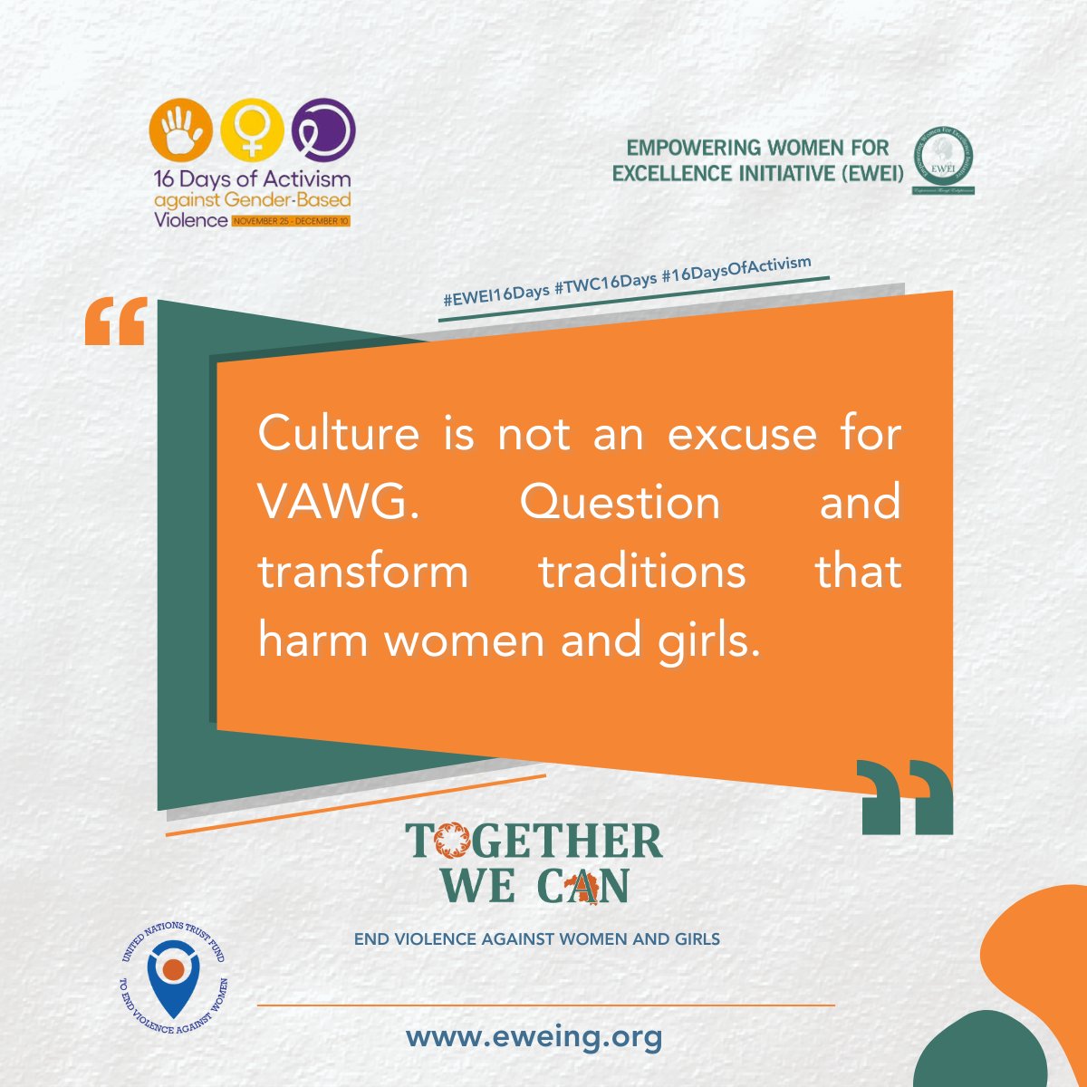 Jeremiah N. (@nojuma17) on Twitter photo Culture is not an excuse for VAWG. Question and transform traditions that harm women and girls.
<a href="/eweinigeria/">EWEI</a> <a href="/UNTrustFundEVAW/">UN Trust Fund to End Violence against Women</a> <a href="/unwomenNG/">UN Women Nigeria</a> <a href="/awdf01/">African Women's Development Fund</a>
#EWEI16Days #TWC16Days #16DaysOfActivism #NoExcuse Culture is not an excuse for VAWG. Question and transform traditions that harm women and girls.
<a href="/eweinigeria/">EWEI</a> <a href="/UNTrustFundEVAW/">UN Trust Fund to End Violence against Women</a> <a href="/unwomenNG/">UN Women Nigeria</a> <a href="/awdf01/">African Women's Development Fund</a>
#EWEI16Days #TWC16Days #16DaysOfActivism #NoExcuse