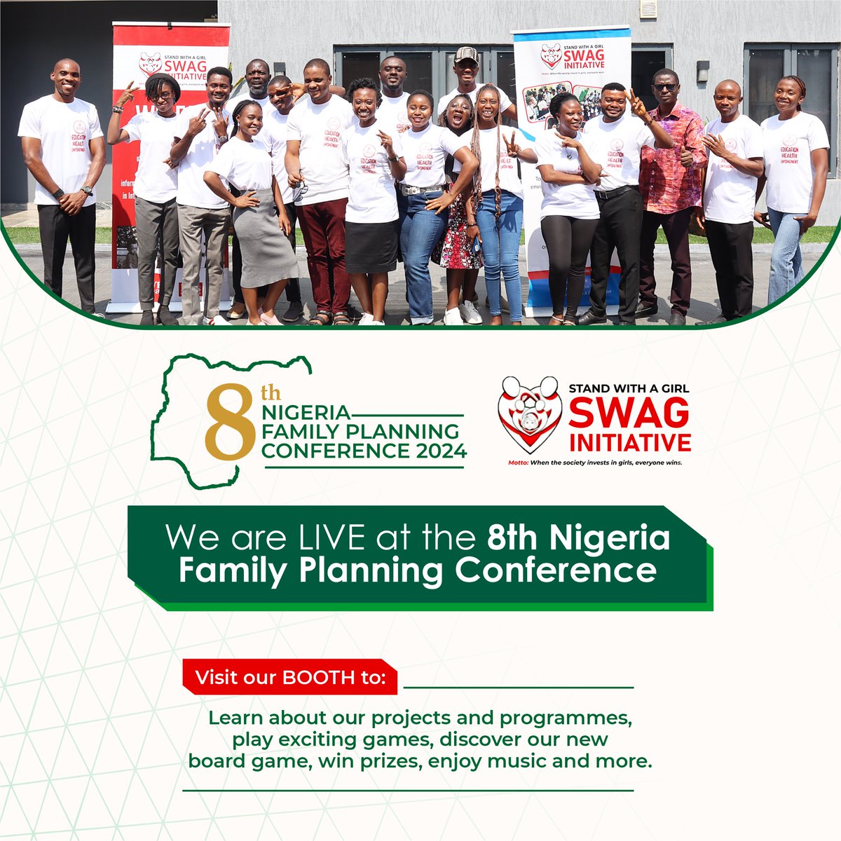 swag_initiative's tweet photo. We are LIVE at the 8th Nigeria Family Planning Conference Opening Ceremony. 

Visit our BOOTH to:

Learn about our projects and programs
Play fun games, Discover our new board game, Win exciting prizes, Enjoy music and more. 

#NigeriaFamilyPlanningConference 
#NFPC2024 #8THFPC https://t.co/9l4gPNHmu2