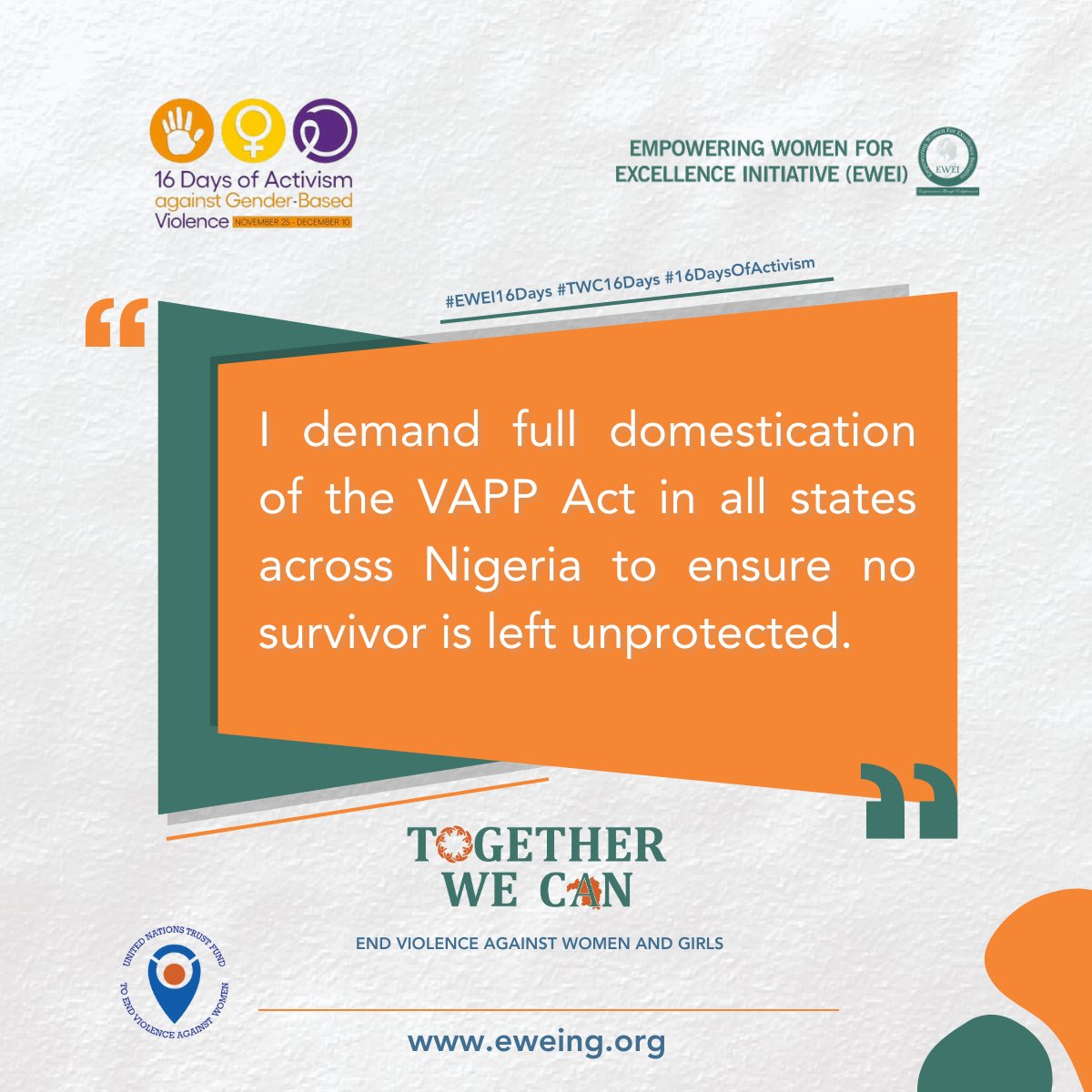 I demand full domestication of the VAPP Act in all states across Nigeria to ensure no survivor is left unprotected.
<a href="/eweinigeria/">EWEI</a> <a href="/UNTrustFundEVAW/">UN Trust Fund to End Violence against Women</a>  <a href="/Jesse_David07/">Jesse David (Hon)</a> <a href="/YusufLiman_/">Rt. Hon. Yusuf Liman</a> <a href="/GovKaduna/">Governor of Kaduna</a> <a href="/KDHSSD/">Human Services & Social Development Kaduna</a> <a href="/MOJKaduna/">Ministry of Justice</a> <a href="/HouseNGR/">Nigeria House of Representatives</a> 
#EWEI16Days #TWC16Days #16DaysOfActivism