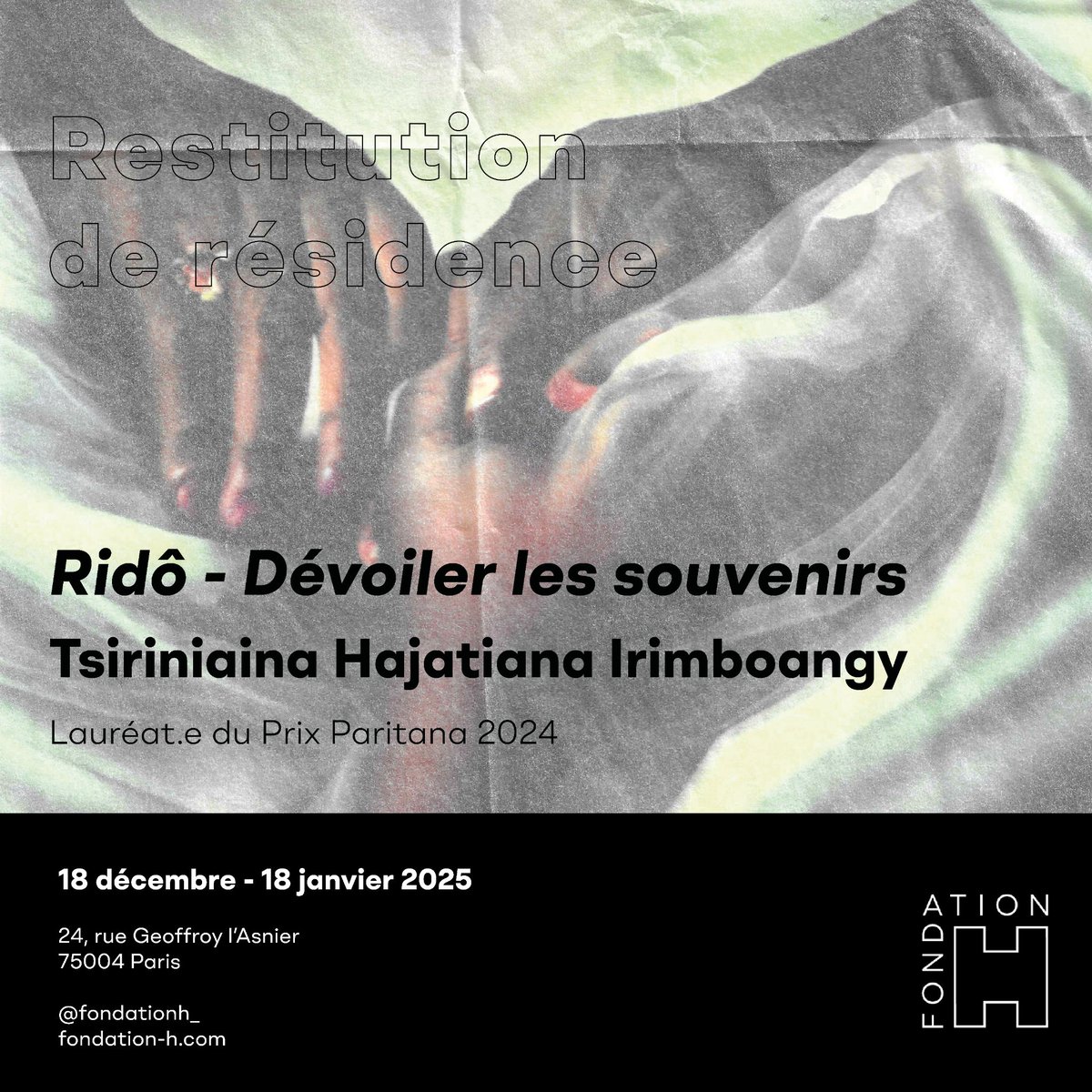 #PrixParitana - Restitution des recherches de Tsiriniaina Irimboangy, lauréat.e du Prix Paritana 🔥 

Rendez-vous le 18 décembre, à l'espace parisien de la Fondation H pour le vernissage en présence de l'artiste. 

📍 Espace parisien de la Fondation H