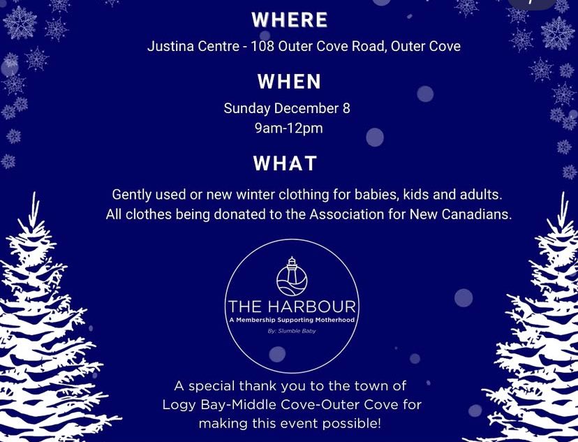 The Harbour Community will be hosting a Winter Clothing Drive this Sunday from 9am-Noon at the Justina Centre in Outer Cove. 

Donate gently used or new winter clothing to support the <a href="/ANC_of_NL/">Association for New Canadians</a>! 

Check out @theharbourcommunity on Instagram to learn more about this program!