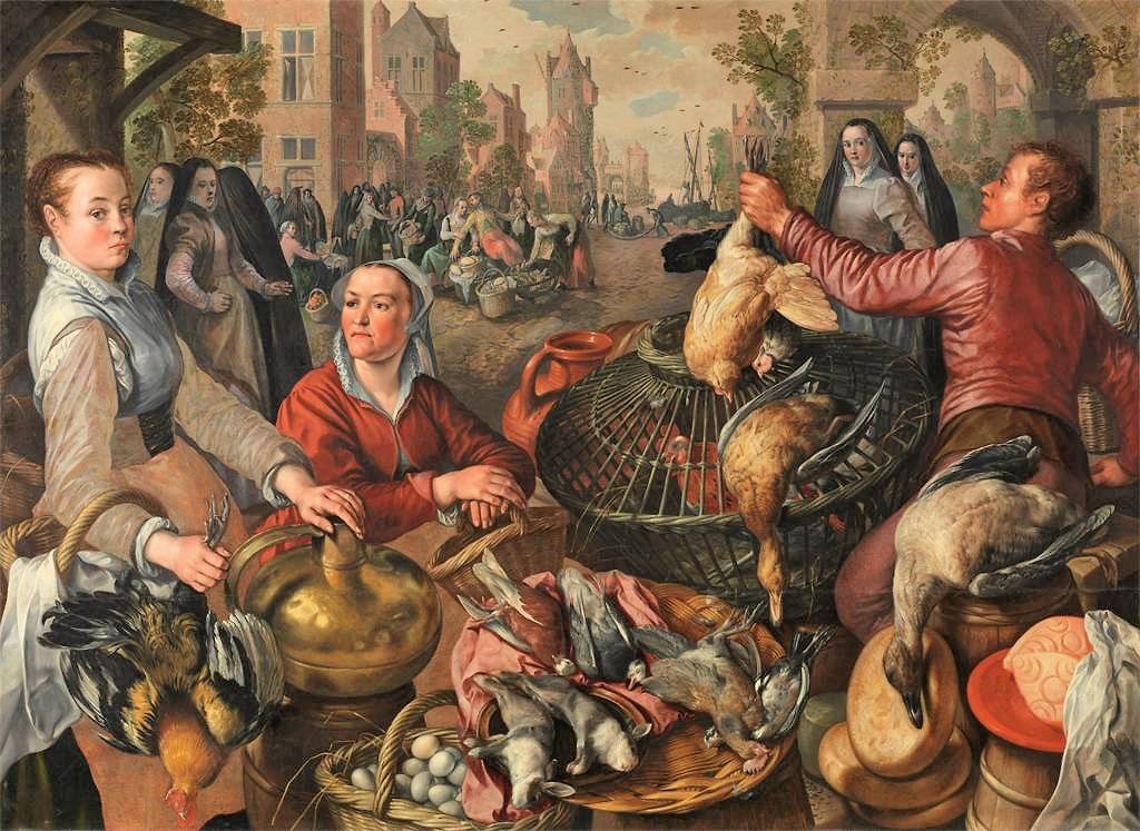 Today's artist without a (known) birthday: Joachim Beuckelaer of Antwerp. Painter of markets, kitchens, &amp; some religious works in a time of iconoclasm. Here, Poultry Market (Air) from 4 elements series, 1570.