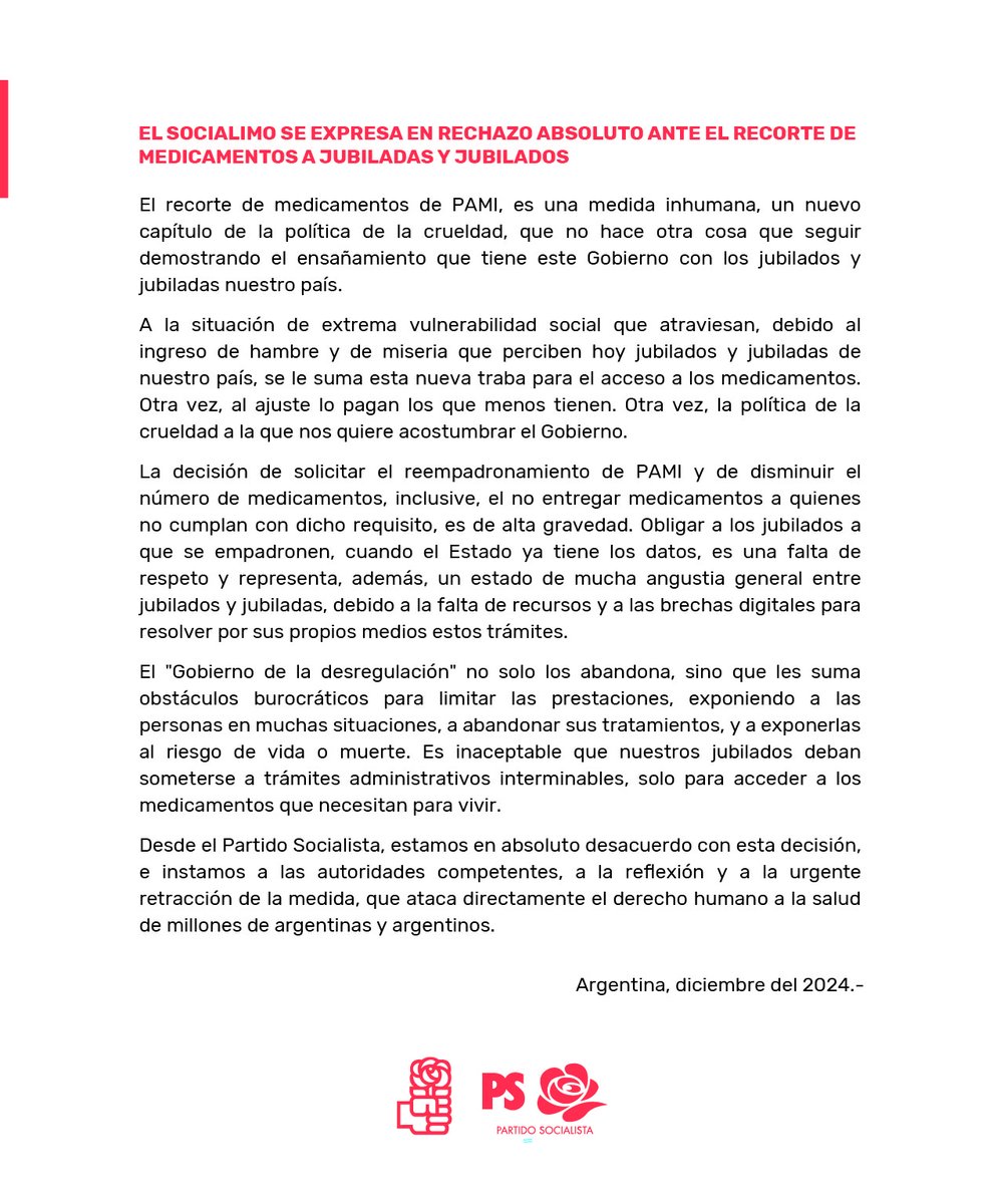 🌹|Desde el <a href="/ps_argentina/">Partido Socialista</a>, expresamos nuestro rechazo absoluto al recorte de medicamentos a nuestras jubiladas y jubilados.