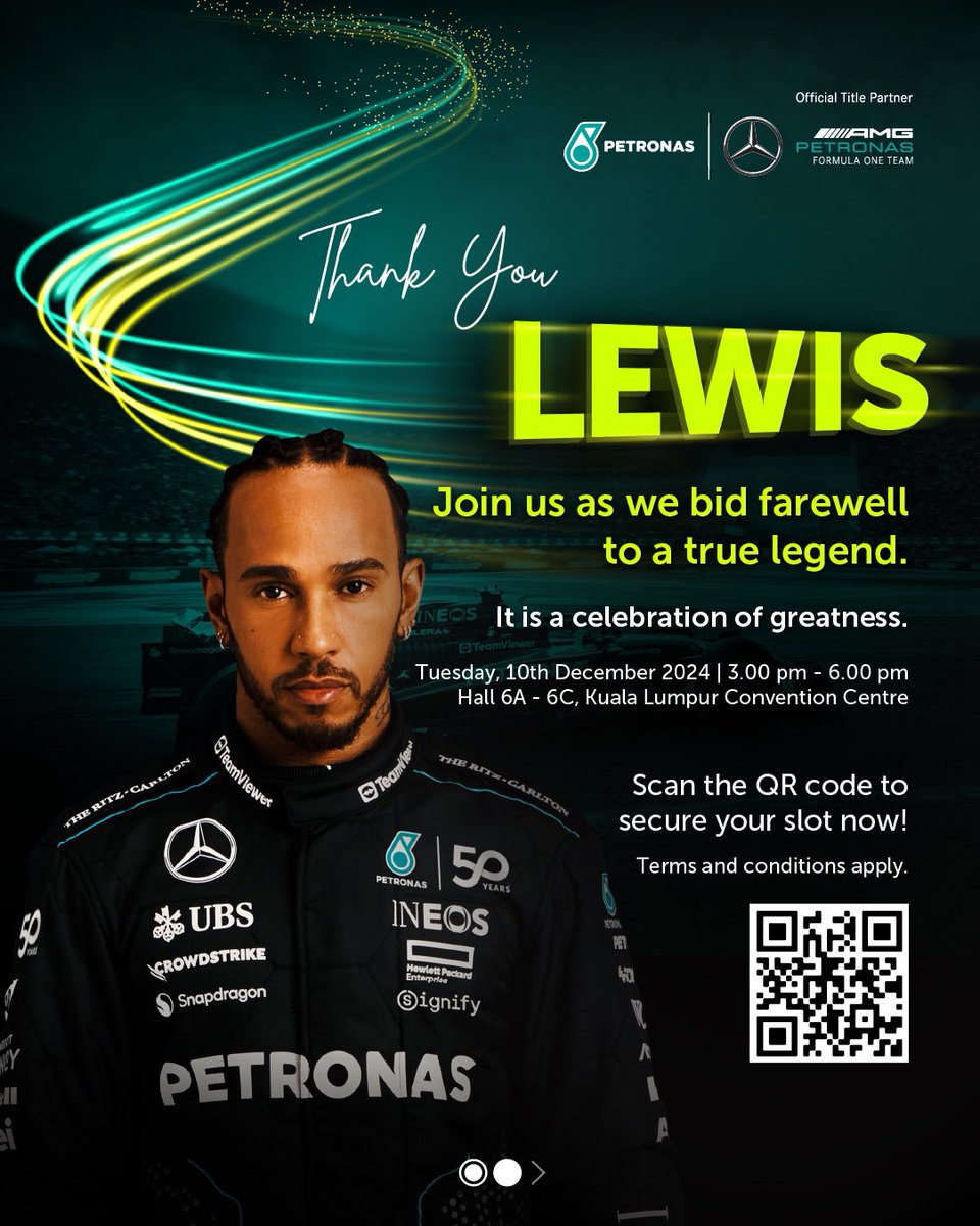 PET_Motorsports's tweet photo. Join us as we bid farewell to the one and only, Lewis Hamilton! This is your chance to celebrate the legacy of a seven-time world champion who has redefined the sport and inspired millions, both on and off the track. 

Scan the QR code to secure your slot now! https://t.co/5JHPaqFnON