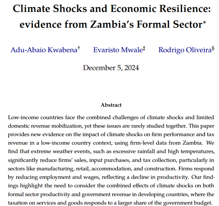 rod_coliveira's tweet photo. 🚨🚨New Working Paper🚨🚨

Climate shocks and economic resilience Evidence from Zambia's formal sector 

--with Kwabena Adu-Ababio (@UNUWIDER) and Evaristo Mwale (@ZambiaRevenue )

https://t.co/5m49RgLA7N https://t.co/HdYjNUArVv