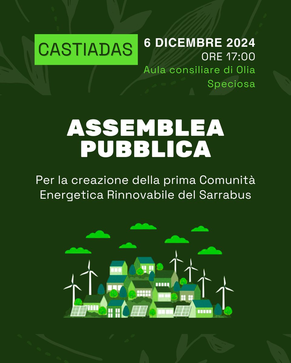 Castiadas promuove la creazione di una Comunità Energetica Rinnovabile (CER). Il 6 dicembre 2024, alle 17:00, nell’aula consiliare di Olia Speciosa, si terrà un’assemblea pubblica per presentare il progetto di fattibilità. 
Ulteriori informazioni sono disponibili sul nostro sito.