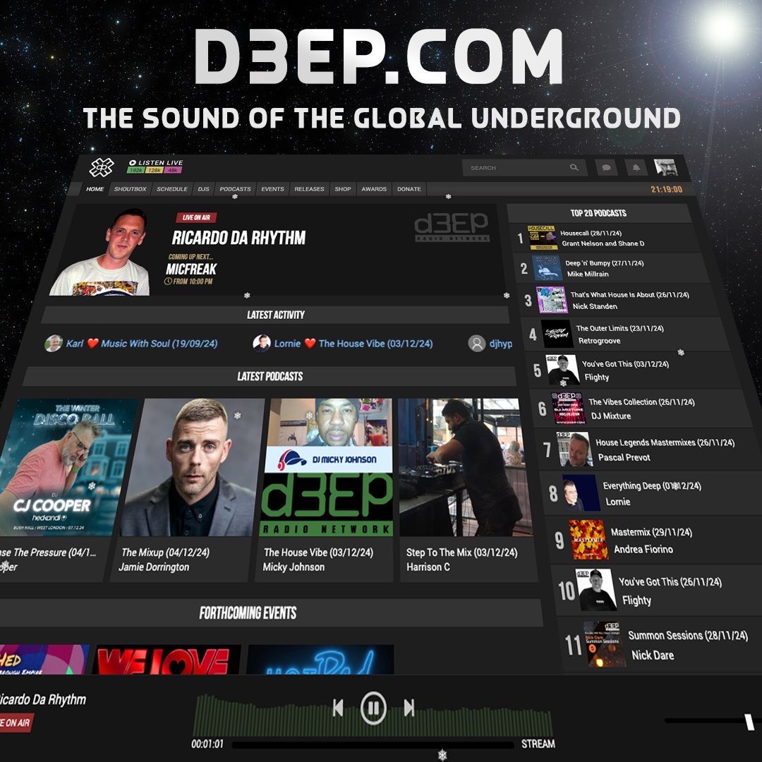 Come join a universe of underground music lovers. Save and reload your podcast history, meet other househeadz from across the galaxy, join us in the legendary shoutbox plus much more. Sign up for your free D3EP account in seconds!

D3EP.COM