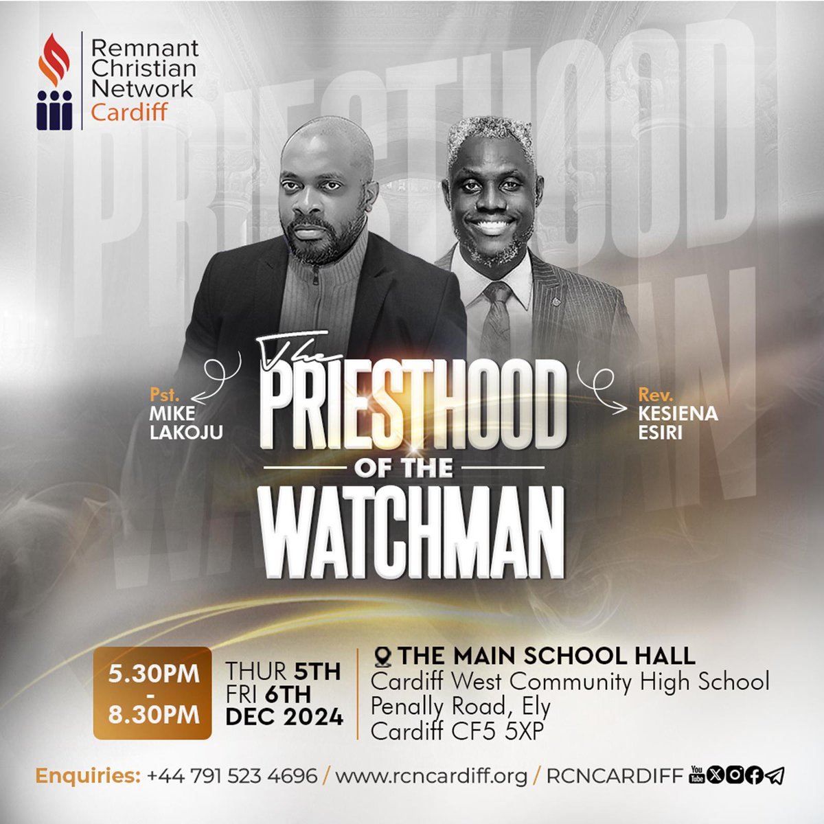 IMPORTANT UPDATE

Beloved,

Unfortunately, I will not be able to join the  RCN Cardiff "Priesthood of the Watchman" and "The December 10-hour Prayer Meeting," which starts today, 5th Dec, at 5:30 pm, due to circumstances beyond my and RCN Cardiff's control. However, by God's