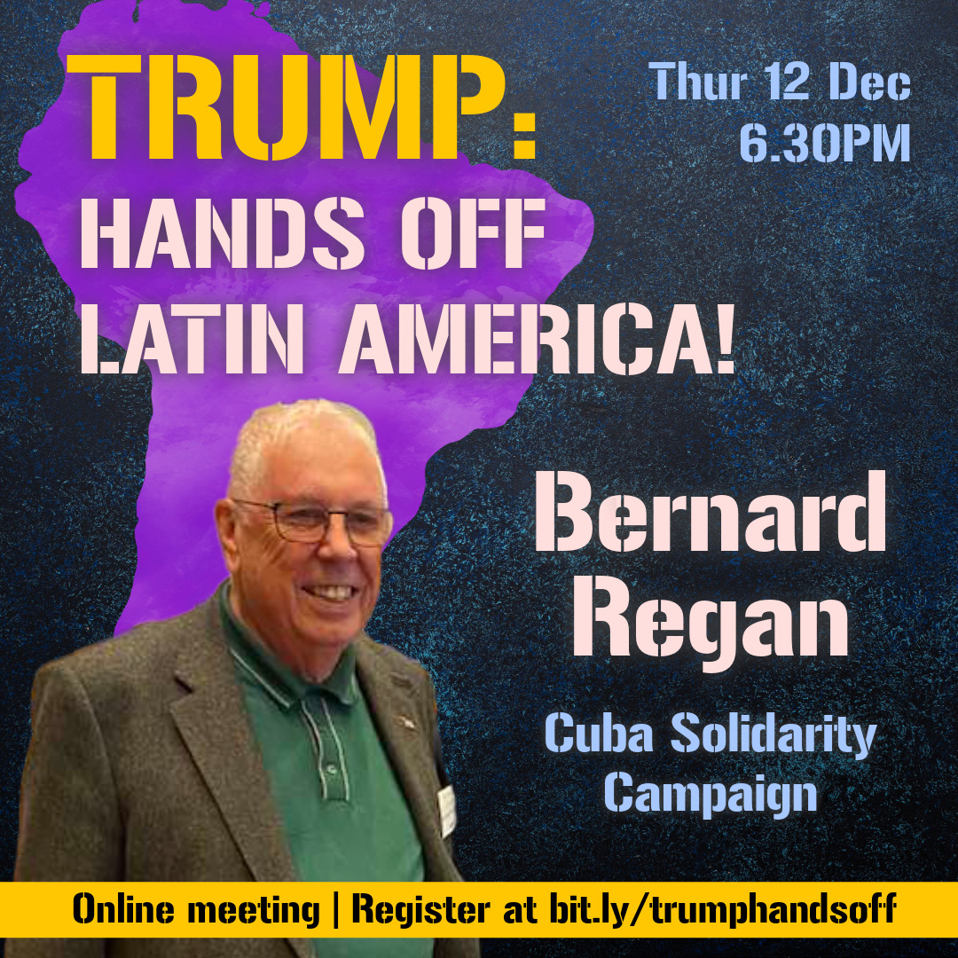 Don't miss this - Trump, Hands off Latin America 📢

Online rally, 18.30 GMT, Thu. Dec. 12 📅

With <a href="/bernardregan/">Bernard Regan</a>, Francisco Dominguez, <a href="/madeinbolivia/">Cllr Claudia Turbet-Delof | People before Profit</a>, <a href="/sarahwoolley01/">sarah woolley</a> <a href="/BFAWUOfficial/">BFAWU</a>, Alex Main of <a href="/ceprdc/">CEPR</a>, Maria Perez Ramos &amp; more.

Sign-up &amp; pass it on 👉 bit.ly/trumphandsoff