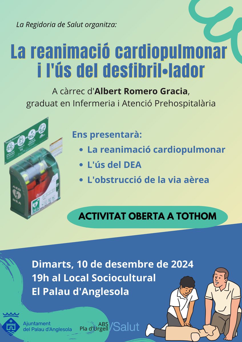 🗣️ La reanimació cardiopulmonar i l'ús del desfibrilador

📅 El proper dimarts 10
⏰ 19h
📍  Local sociocultural del #PalaudAnglesola

A càrrec d'Albert Romero Gracia, graduat en Infermeria i Atenció Prehospitalària.

📢 ACTIVITAT OBERTA A TOTHOM

#EnsPlauElPalau