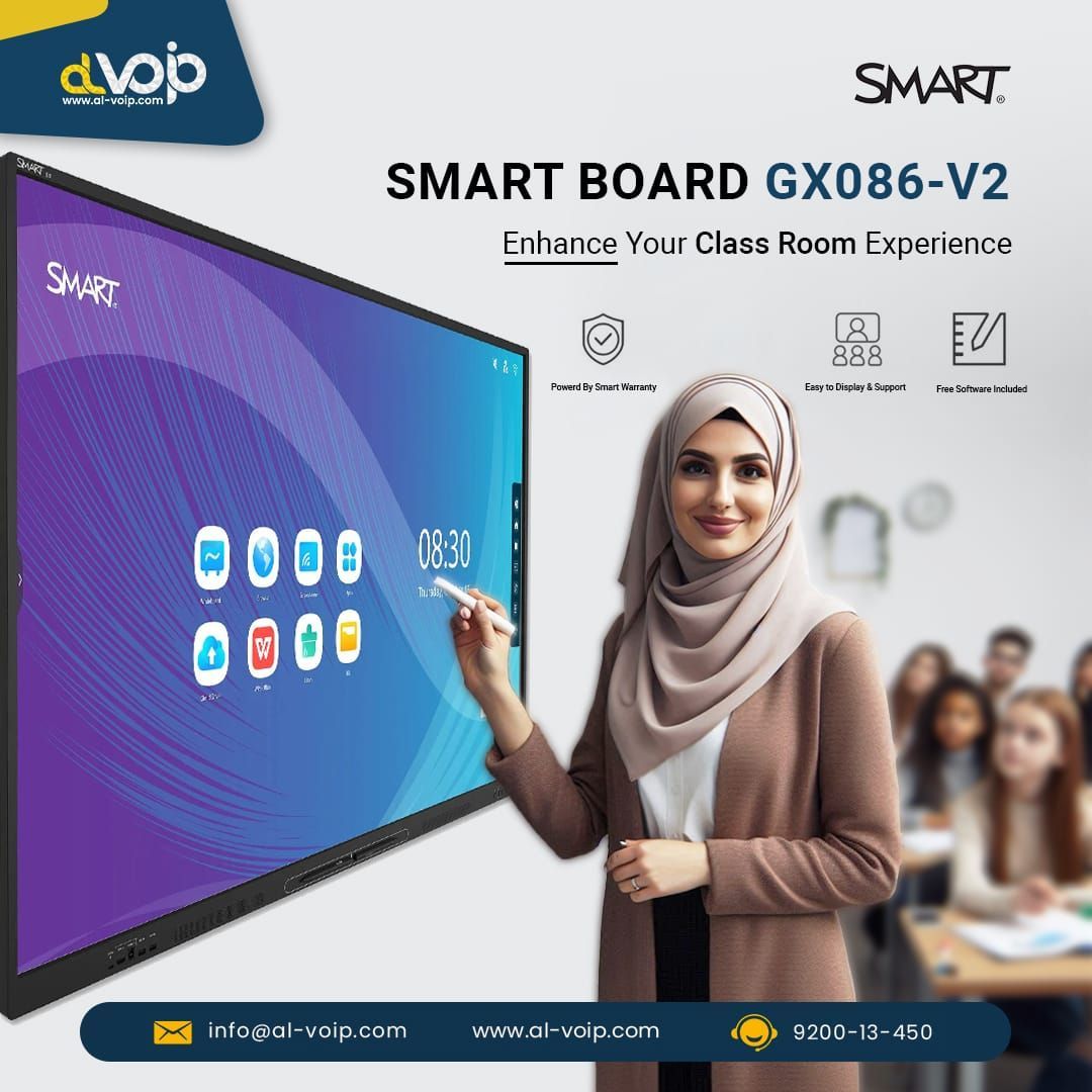 Step into the future of education with SMART Board GX086-v2! 86" 4K display, 20 multi-touch points, web browsing, app customization &amp; energy-efficient.

For more info:
buff.ly/3ZsJVYO
Email: info@al-voip.com
Phone: 920013450
WhatsApp: +(966)-133313575