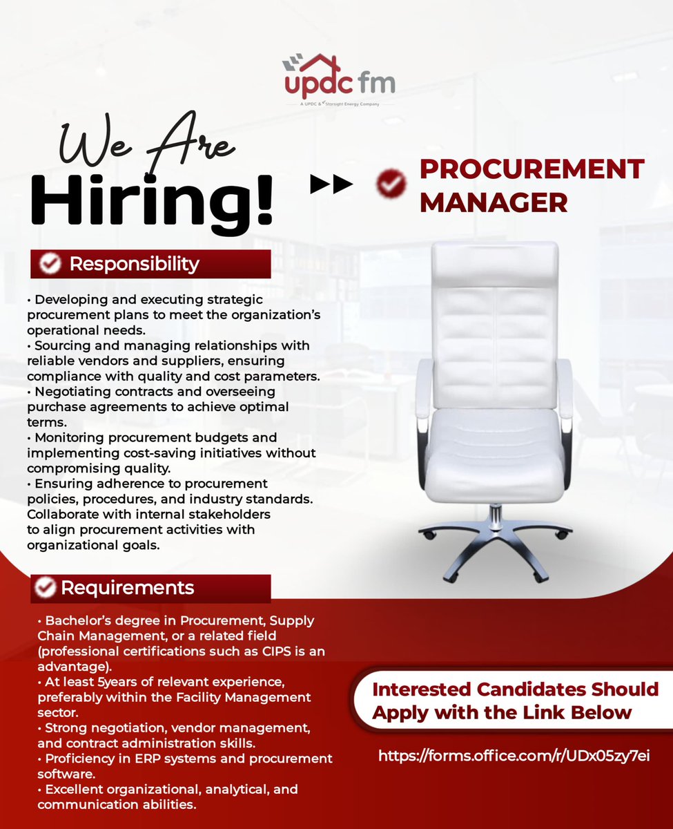 updcfmltd's tweet photo. Join our team!
We are hiring a Procurement Manager.
Kindly apply by filling the form below.
https://t.co/qQVhOdVRyX
#wearehiringnow #procurementmanagers #procurementjobs Money #getajobtoday #facilitymanagement #UPDCFM #JoinOurTeam #TREASURE #SpotifyWrapped2024 https://t.co/nWjYxsH3WY