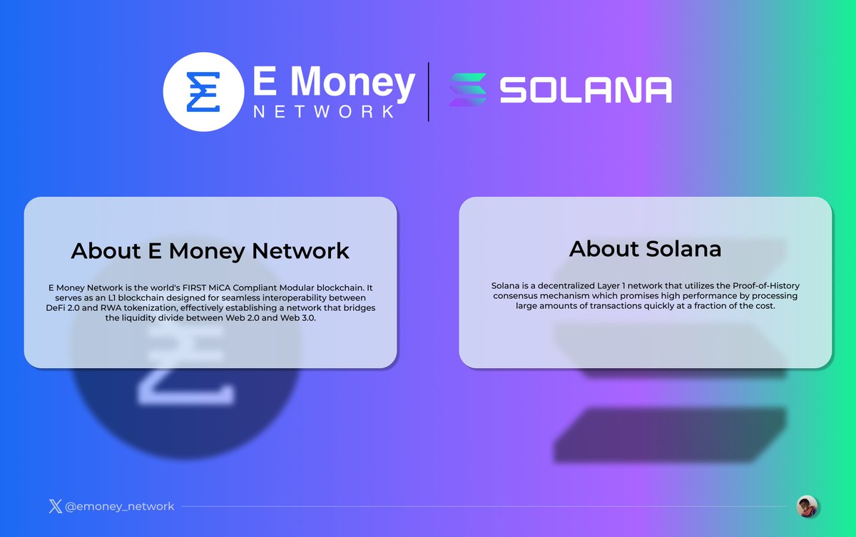 VontainD's tweet photo. 🎯@solana × @emoney_network

Solana meets the World's First BankFi Network, integrating with its MiCA-compliant wallet.

What this means for you:

⇛ Deposit and withdraw $SOL and SPL tokens, native to the Solana network.

⇛ Enjoy complete control and security of your Solana assets.

⇛ Streamlined regulatory compliance for peace of mind.

This partnership marks a significant step towards new opportunities and the future of finance.