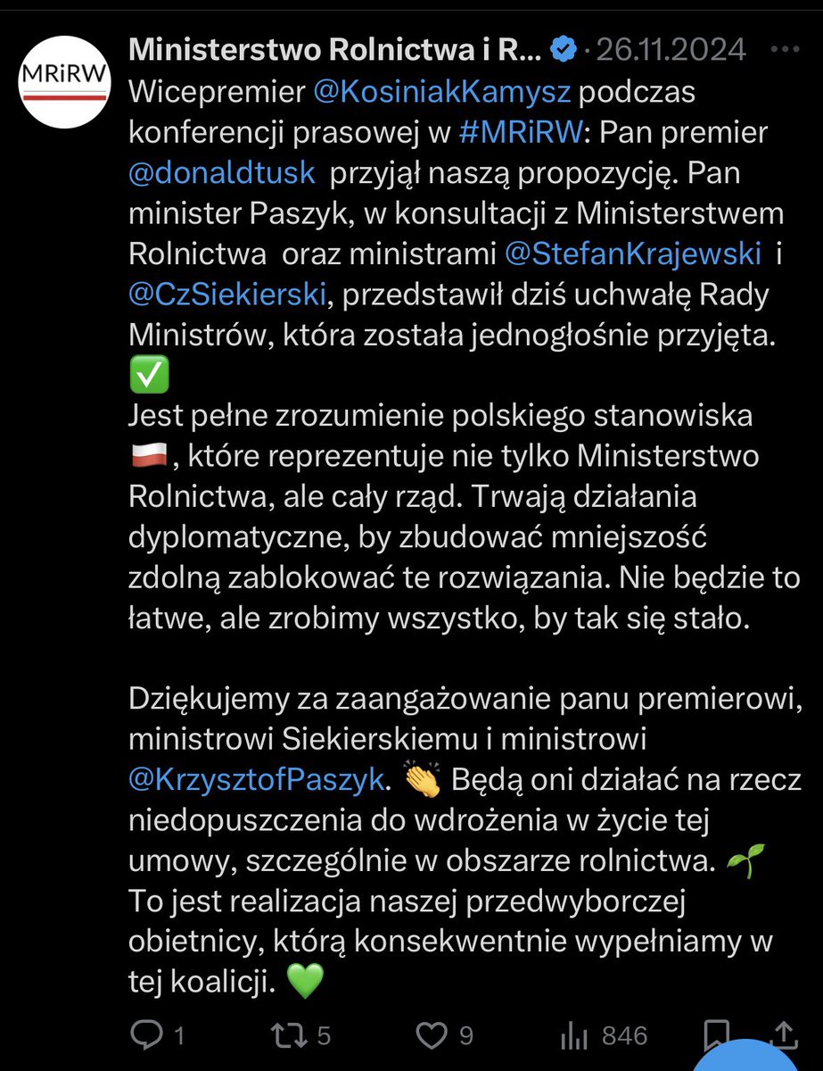 annabrylka's tweet photo. Co z tymi obietnicami?👇 Von der Leyen ma pewność, że umowa przejdzie inaczej nie byłoby jej teraz w Ameryce Południowej. 

Przeciwko umowie wypowiedziały się Polska i Francja, a także Belgia, Grecja, Irlandia i Austria.
Do zbudowania ,,mniejszości blokującej’’ potrzeba minimum 4 krajów reprezentujących 35% obywateli Unii Europejskiej. Zakładając, że wyżej wymienione rządy utrzymają swoje stanowiska - będzie to ok. 31% obywateli Unii Europejskiej.

Jednoznacznie po stronie szybkiej finalizacji są Niemcy, Finlandia, Litwa, Szwecja, Łotwa, Dania, Hiszpania, Chorwacja, a także Włochy, Portugalia i Słowacja.

Kluczowe w tej sytuacji może być zachowanie takich krajów jak Holandia czy Rumunia. 

@farmer_pl @AgroProfil @topagrar_PL @TPRolniczy @Instytut_Rolny