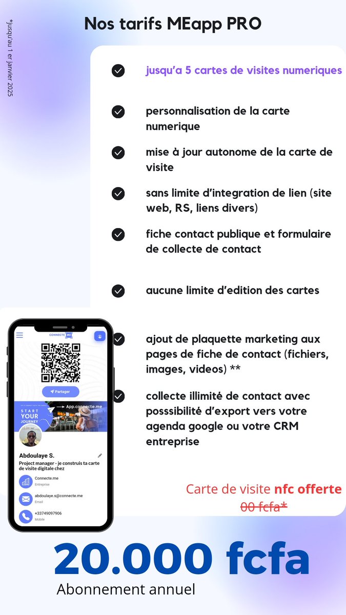 <a href="/connecteme_app/">connecteME</a> <a href="/basileniane/">Basile NIANE</a> <a href="/dembagueye/">Demba Gueye</a> <a href="/Oumyregina/">Oumy</a> <a href="/Noo_IDcard/">Momar Assane</a> <a href="/__Diarra/">Penthésilée ✨❤️🇸🇳</a> <a href="/6point9_/">6point9_</a> <a href="/AbdouJCisse/">Abdou Junior Cisse🌍</a> @abdourami Et pour les entrepreneurs et professionnels multi casquettes.

Arrêtez de payer des sommes folles allant de 25.000 jusqu'à 40.000 fcfa par carte de visite.

On vous #offre une carte de visite sans contact NFC dès que vous prenez un pack pro de connecteME
#business #senegal