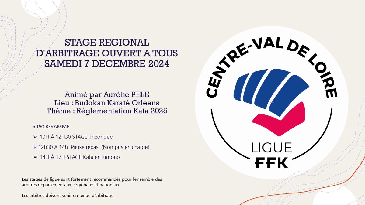 ligue_val's tweet photo. Stage d’arbitrage samedi 7 décembre au Budokan Karaté Orléans ouvert à tous. Le thème : la réglementation kata 2025.
Le programme.
10h-12h30 : stage théorique
12h30-14h : repas (non pris en charge)
14h-17h : stage kata en kimono

#liguecentrevaldeloire #karaté #stage #arbitre https://t.co/LwgYTUiJJR