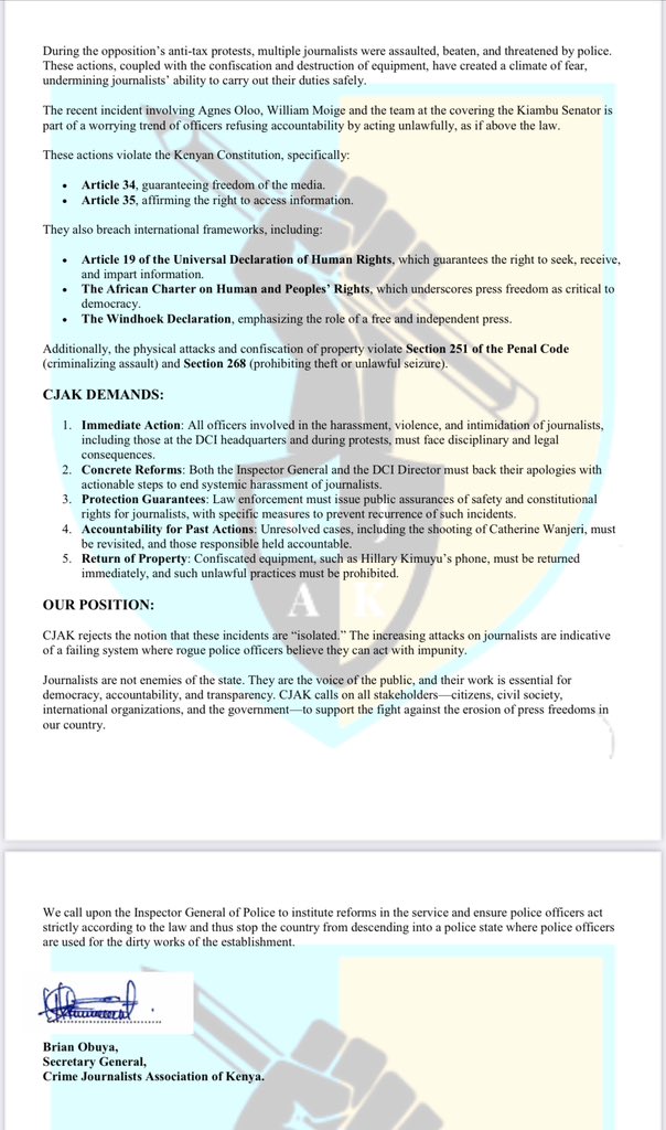 The <a href="/CrimeScribesKE/">Crime Journalists Association of Kenya-CJAK</a> strongly condemns the escalating harassment, threats, and violence meted out against journalists by police officers, as witnessed most recently at the Directorate of Criminal Investigations headquarters this morning.