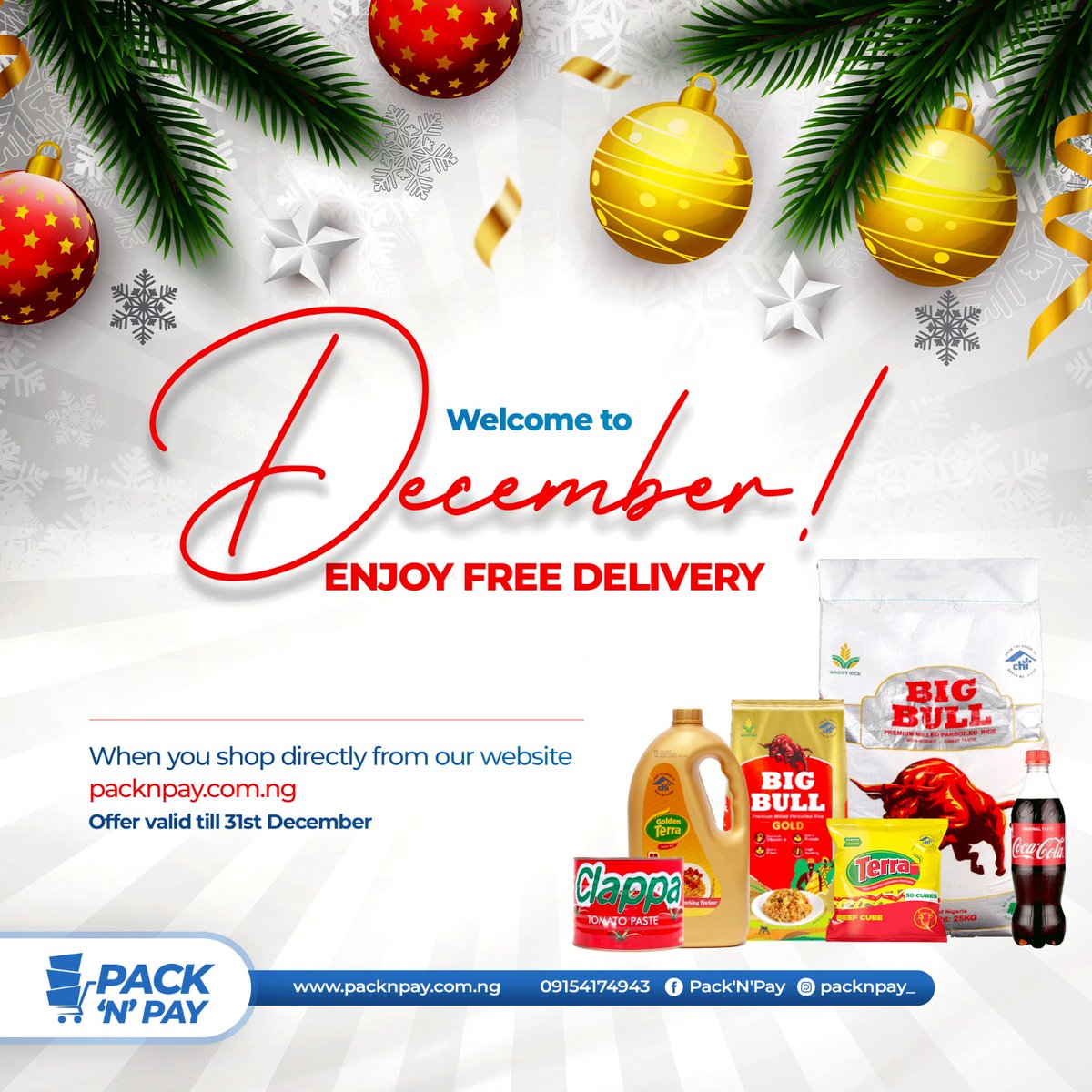 packnpay_'s tweet photo. Happy new month!!!

Your Christmas shopping just got easier!
Enjoy free delivery for all website orders this month.

Visit https://t.co/PAuKvitaQx to order.
Call 09154174943 for more info.

#happynewmonth #christmas #shopping #portharcourt https://t.co/pYOpuPxecb