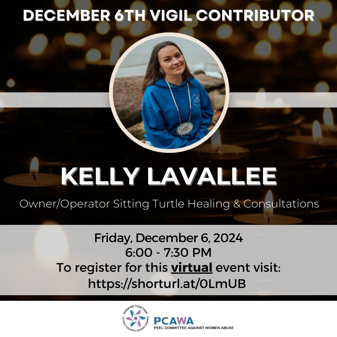 We are happy to share that Kelly Lavallee will be joining us again this year at our December 6th Vigil.   

Join us virtually this Friday December 6th from 6:00 - 7:30 PM     

Click here to register - shorturl.at/KPPwG 

#PCAWA #WeCountFemicideBecause #CallItFemicide