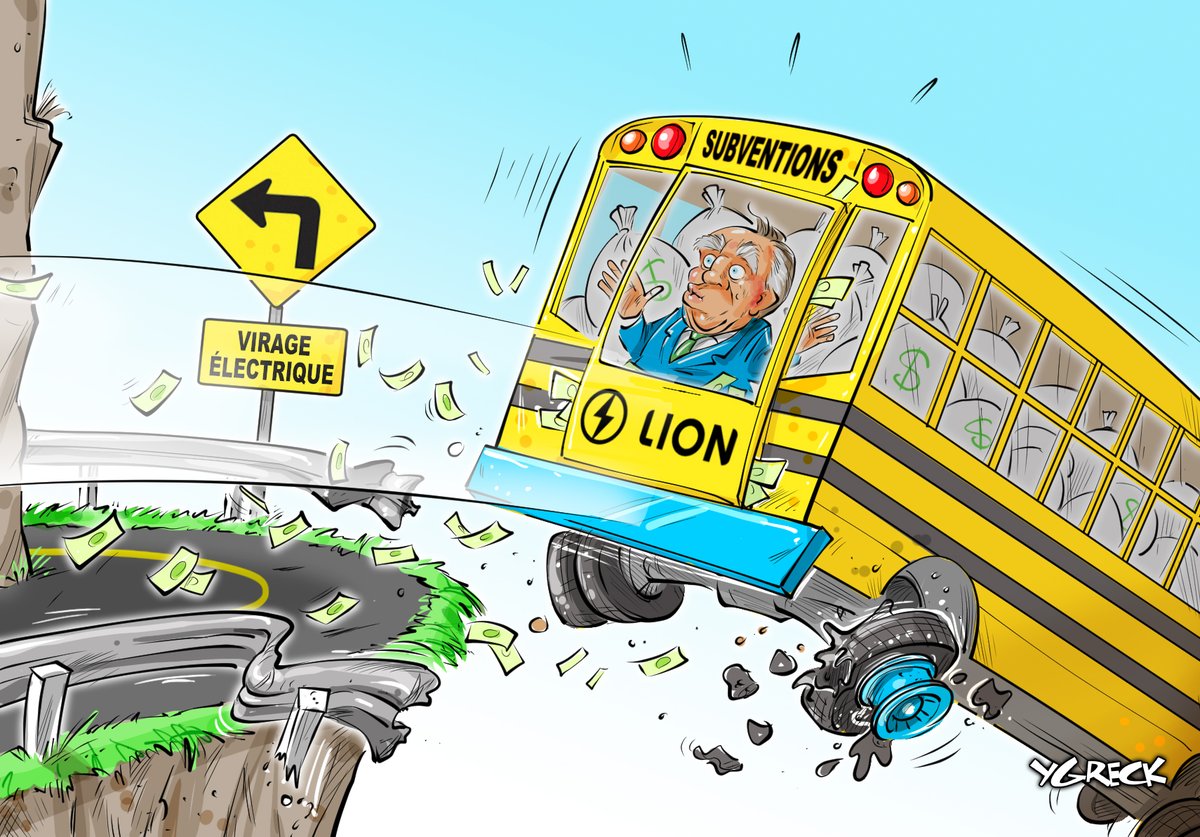 cbcwatcher's tweet photo. 'Lion Electric misses the turn.'  Trudeau should be with Legault going off the cliff on the wasted EV subsidy bus
(Yannick Lemay @ygreck - Journal de Montreal) https://t.co/vPm8tPMWEj