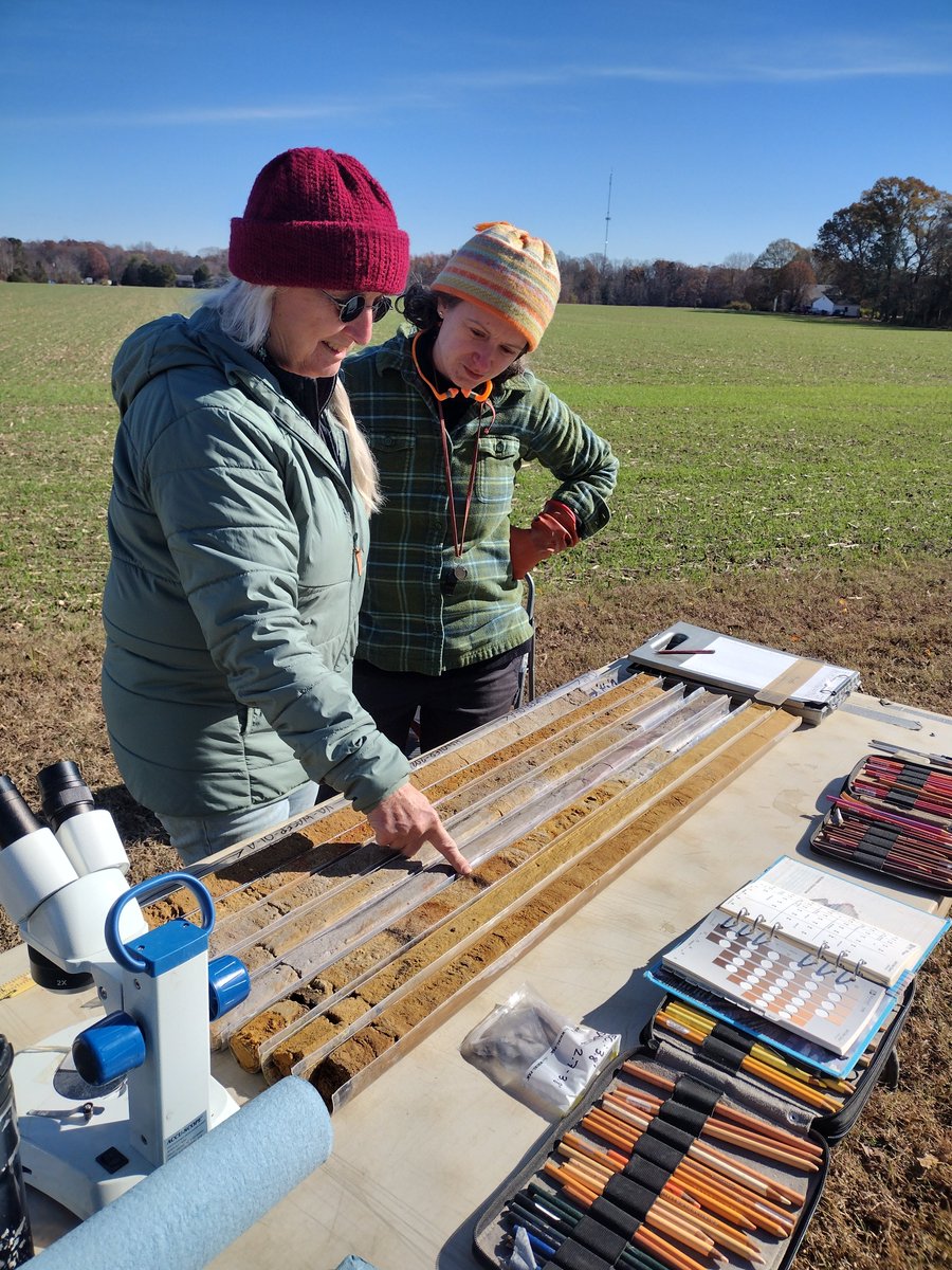 Virginia Energy and the NC Geological Survey are working together to enhance geologic maps and identify critical mineral resources in VA’s Coastal Plain. Kathleen Farrell (NCGS, left) and Marcie Occhi (VE) analyze core samples from the Cold Harbor formation near Mechanicsville.