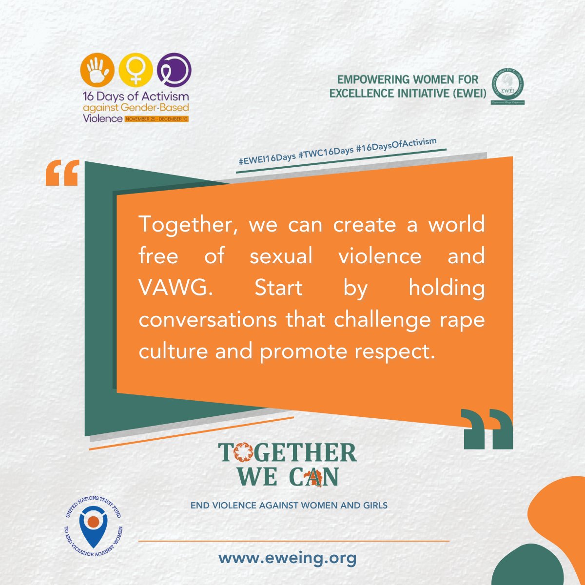 Together, we can create a world free of sexual violence and VAWG. Start by holding conversations that challenge rape culture and promote respect. 
Donors
<a href="/macfound/">MacArthur Foundation</a>
<a href="/UN_Nigeria/">United Nations Nigeria</a>
<a href="/unwomenNG/">UN Women Nigeria</a>
<a href="/eweinigeria/">EWEI</a>
<a href="/UNTrustFundEVAW/">UN Trust Fund to End Violence against Women</a>
<a href="/donor/">@donor</a>
<a href="/eweinigeria/">EWEI</a>
<a href="/unwomenNG/">UN Women Nigeria</a>