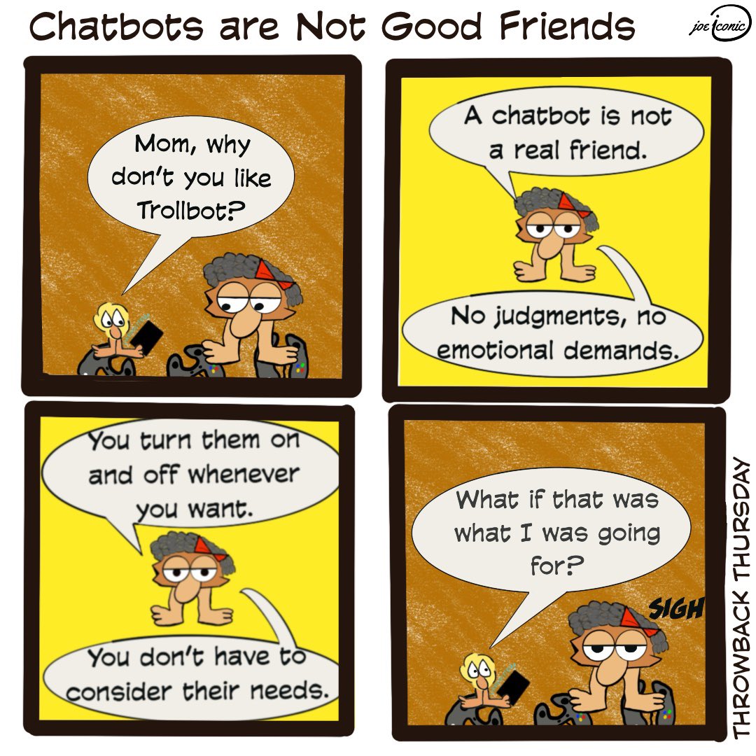 JoeIconic's tweet photo. Chatbots are not good friends
#throwbackthursday #NotesforTracy
#comicsonline #joeiconic #crittertribe #ai https://t.co/I2pu0w5lNp