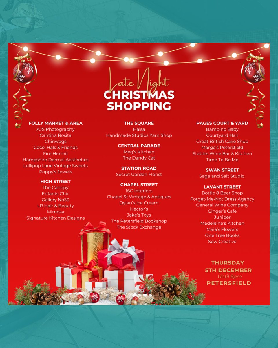 TONIGHT! Don't forget to support your local independent businesses this evening for the Late Night Shopping event in Petersfield 🎄 

📍Petersfield, Hampshire
⏰ 5th Dec - until 8PM