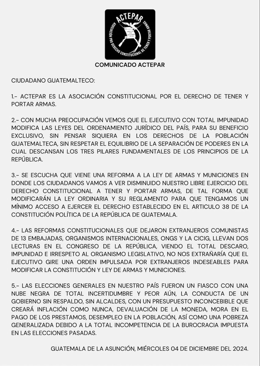 nandiherrera's tweet image. Comunicado de ACTEPAR 

#ACTEPAR 
#NRA
#LeyDeArmas
#ProGun
#Guatemala