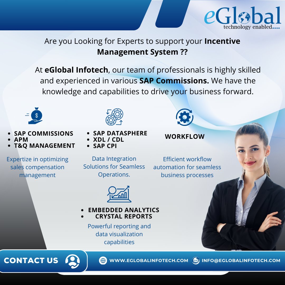 eGlobalinfotech's tweet photo. ๐ Optimize Your Incentive Management with eGlobal Infotech!
Is your business looking to streamline Incentive Management Systems? Our experts at eGlobal Infotech specialize in SAP Commissions, Datasphere, Embedded Analytics, and more!
#eGlobalInfotech #IncentiveManagement https://t.co/6sRkT3Hyha