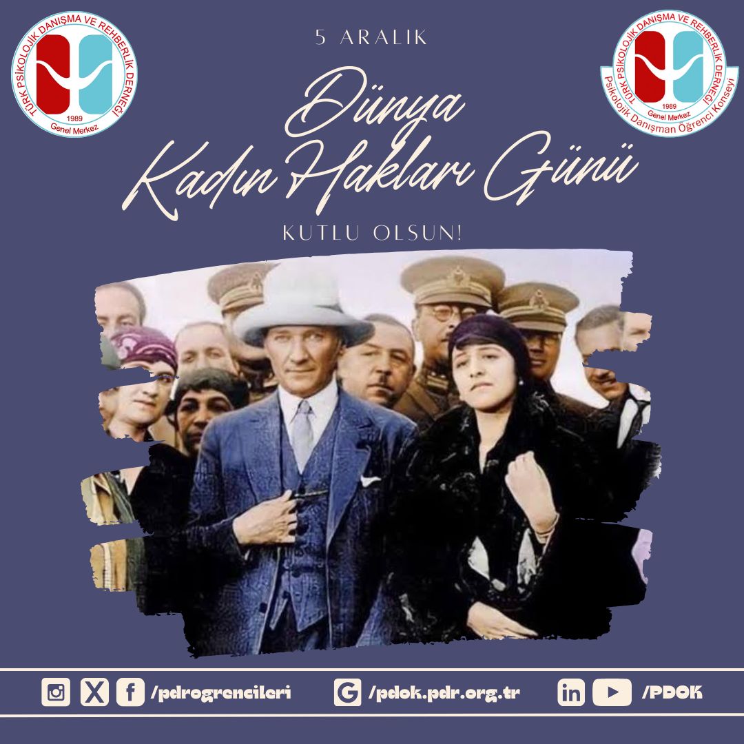 "Şuna inanmak gerekir ki, dünya üzerinde gördüğümüz her şey kadının eseridir."
-Mustafa Kemal ATATÜRK 

#5AralıkDünyaKadınHaklarıGünü 
#pdok 
<a href="/turkpdrdernegi/">Türk PDR Der- Psikolojik Danışma ve Rehberlik</a>
<a href="/pdrogrencileri/">PDOK</a>