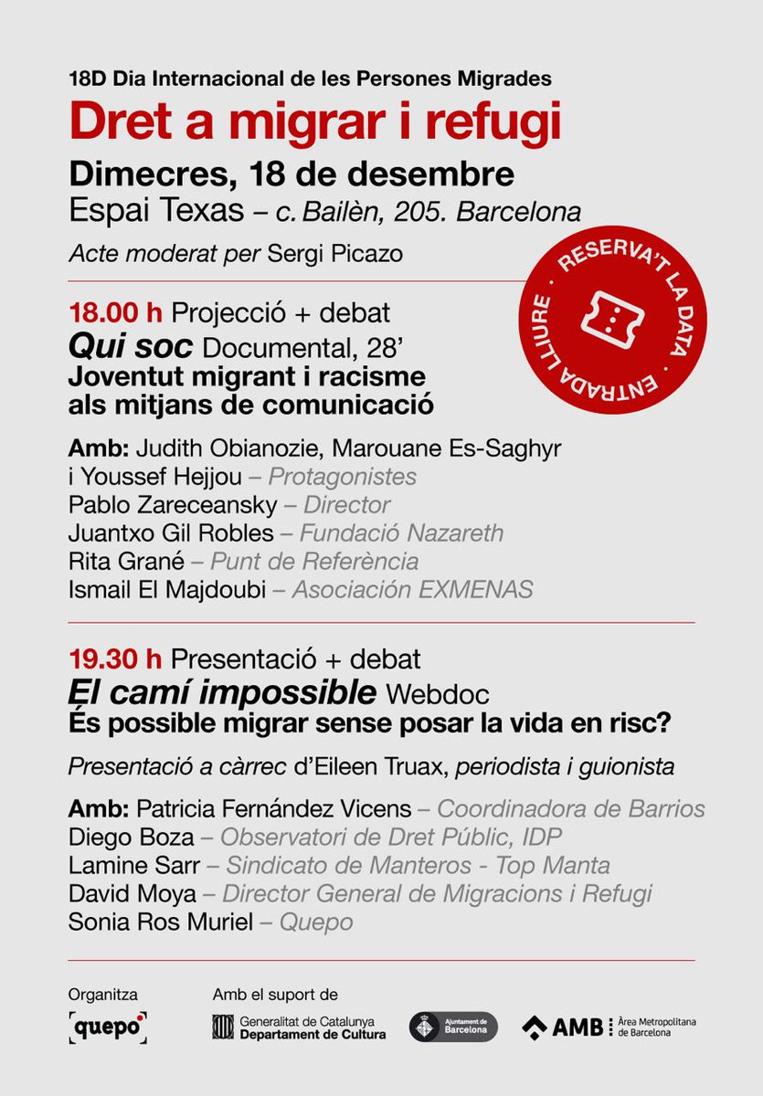 📢 Dimecres 18/12, #DiaInternacionaldelMigrante, a l’Espai Texas:

📽️ 18h “Qui Soc”, documental sobre joves migrants i racisme als mitjans.
📱 19:30 h “El Camí Impossible”, webdoc sobre si és possible migrar sense posar la vida en risc.

Inscripcions ➡️  form.jotform.com/243303438882358