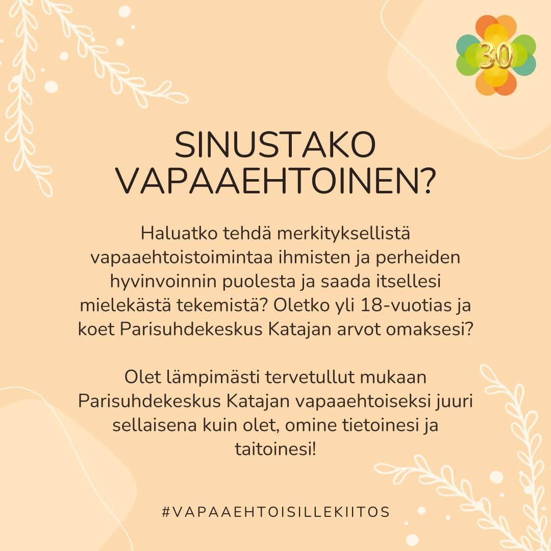 Suvi Laru (@larusuvi) on Twitter photo Ihanaa vapaaehtoisten pÀivÀÀ! Suurkiitos kaikille <a href="/Kataja_ry/">VÀestöliiton Parisuhdekeskus Kataja</a> vapaaehtoisille kaikesta tekemÀstÀnne työstÀ!! TeidÀn panoksenne on kullan arvoinen!Ja sinÀ joka haluaisit myös tehdÀ merkityksellisestÀ työtÀ jÀrjestössÀ: tule mukaan toimintaamme! <a href="/MarttaManna/">Marianne HeikkilÀ</a> Ihanaa vapaaehtoisten pÀivÀÀ! Suurkiitos kaikille <a href="/Kataja_ry/">VÀestöliiton Parisuhdekeskus Kataja</a> vapaaehtoisille kaikesta tekemÀstÀnne työstÀ!! TeidÀn panoksenne on kullan arvoinen!Ja sinÀ joka haluaisit myös tehdÀ merkityksellisestÀ työtÀ jÀrjestössÀ: tule mukaan toimintaamme! <a href="/MarttaManna/">Marianne HeikkilÀ</a>