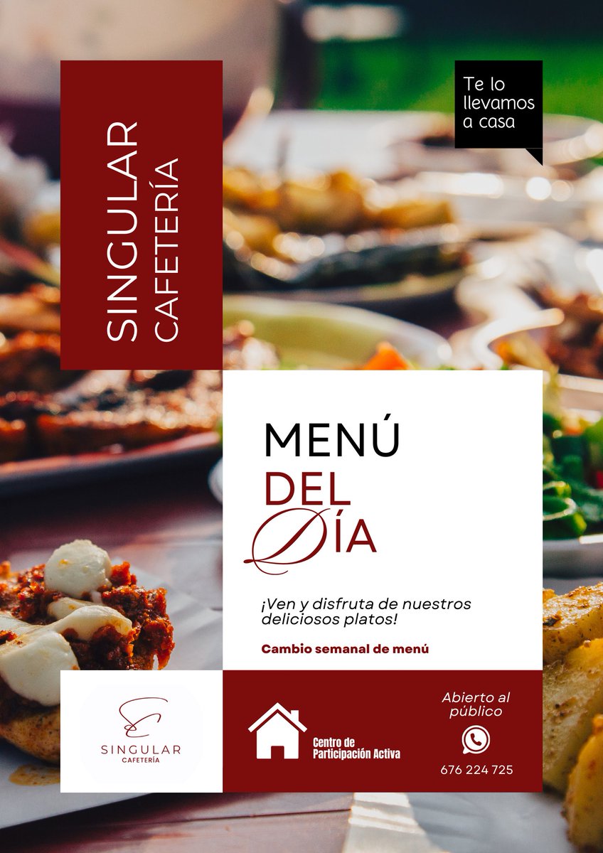 SingularCEE's tweet photo. ¡PRUEBA NUESTRO MENÚ DEL DÍA!
✅Nos encontramos en la Cafetería del Centro de Participación Activa de #castrodelrio
✅O te lo llevamos a casa para mayor comodidad.
☎️PEDIDOS EN: 676 224 725
Confía en #SingularCafetería y descubre el valor de lo que hacemos.
#singularcafeteria https://t.co/SHD9D77xpK