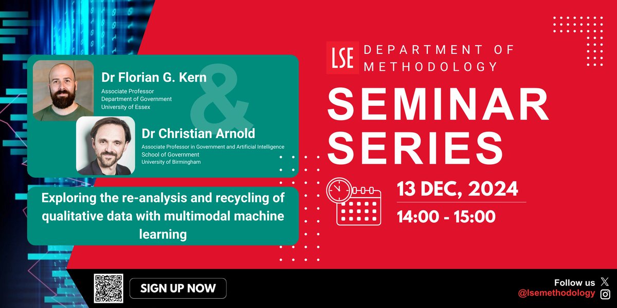 LSE Methodology (@lsemethodology) on Twitter photo 📢 Join <a href="/floriangkern/">floriangkern</a> and <a href="/ChrisGUArnold/">Chris Arnold</a> as they present "Exploring the re-analysis and recycling of qualitative data with multimodal machine learning" at our next Seminar Series.
📅 Friday 13 December at 2pm
Register now 👉eventbrite.co.uk/e/department-o… 📢 Join <a href="/floriangkern/">floriangkern</a> and <a href="/ChrisGUArnold/">Chris Arnold</a> as they present "Exploring the re-analysis and recycling of qualitative data with multimodal machine learning" at our next Seminar Series.
📅 Friday 13 December at 2pm
Register now 👉eventbrite.co.uk/e/department-o…