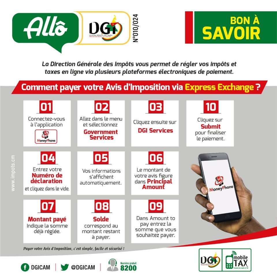 Expressexchang's tweet photo. Partenariat avec la Direction Générale des Impôts Cameroun pour vous permettre de régler vos impôts et taxes en ligne 📷
𝐂𝐨𝐦𝐦𝐞𝐧𝐭 𝐩𝐚𝐲𝐞𝐫 𝐥'𝐚𝐯𝐢𝐬 𝐝'𝐢𝐦𝐩𝐨𝐬𝐢𝐭𝐢𝐨𝐧 𝐚𝐯𝐞𝐜 𝐌𝐨𝐧𝐞𝐲𝐏𝐡𝐨𝐧𝐞📷
#MoneyPhone #DGI #ExpressExchange https://t.co/ysmIuJXAfe
