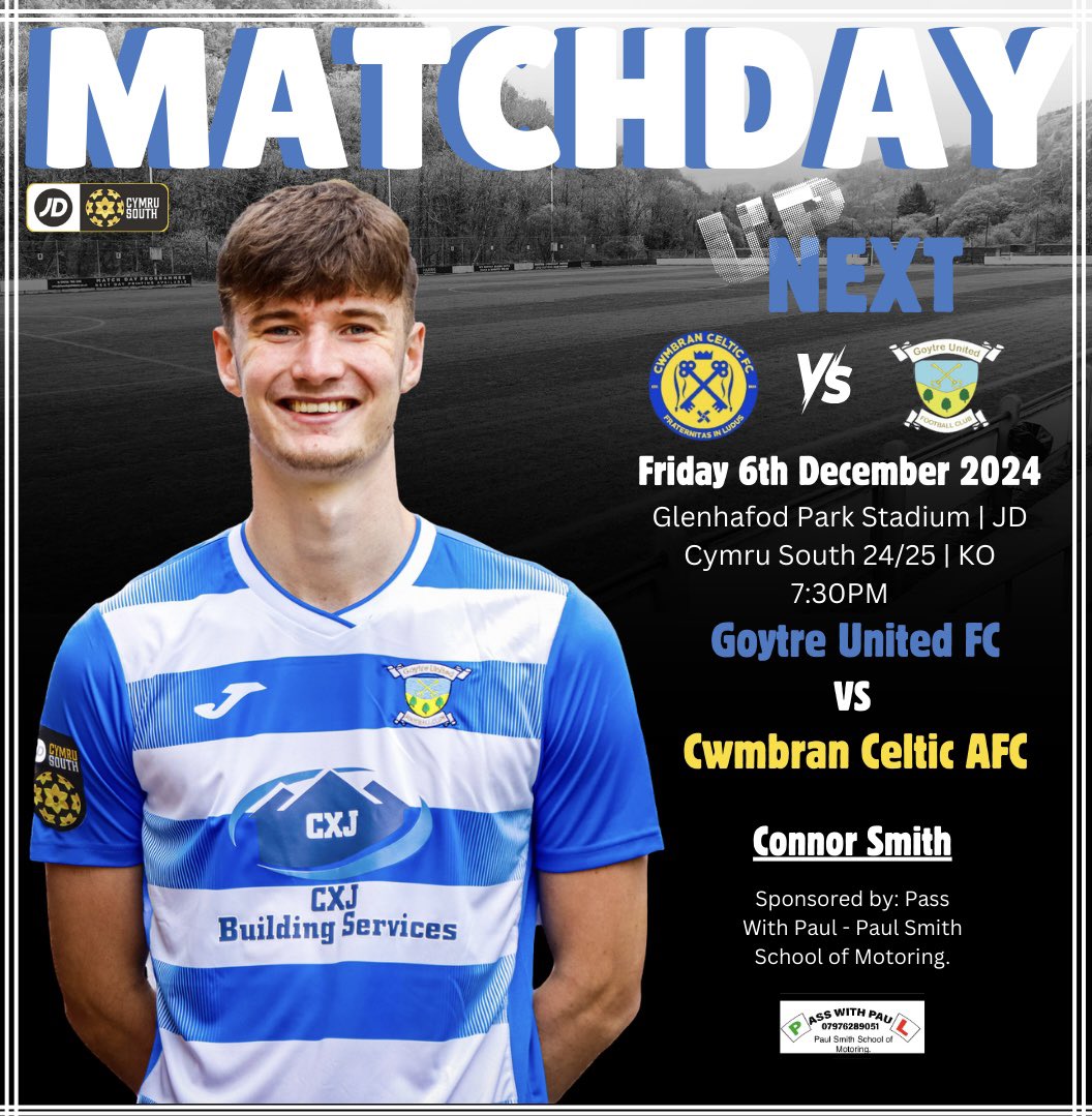 GoytreUtd's tweet photo. ⚽️ | MATCHDAY

This Friday we welcome @CwmbranCeltic to the Glenhafod Park, in The JD Cymru South 2024/25 Season. 

Come down and support the Goyt! 

📍Glenhafod Park Stadium - SA13 2YP
🗓️06.12.2024
🕢 7:30PM
🎟£6

#UppaGoyt! https://t.co/D29xpuYhMA