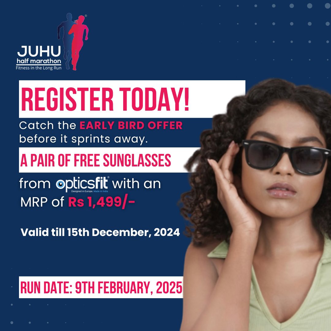 juhumarathon's tweet photo. Attention runners: Early bird registration closes soon.

Sign up now and snag your free pair of OpticsFit sunglasses, valued at ₹1499. 🕶️

Don't wait-offer ends 15th December, 2024.

Register Now: https://t.co/PqsEQnnDLw

#JuhuHalfMarathon #RunToday #LimitedSlots #GrabTheDeal https://t.co/4ey7eh8Cuv