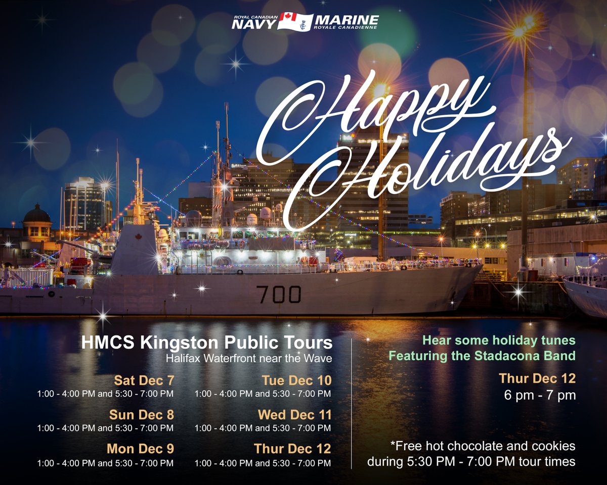 CFB_BFCHalifax's tweet photo. #HMCSKingston will be lit on the Hfx waterfront for the @evergreenfestns. Join us, near the Wave, for a ship's tour on Sat, Dec 7 to Thur, Dec 12, from 1 – 4 PM &amp; 530 – 7 PM. 

Get in to the holiday spirit with tunes from Stadacona Band on Thur, Dec 12 6 – 7 PM. 🎶🎵 https://t.co/ZHA74F317u