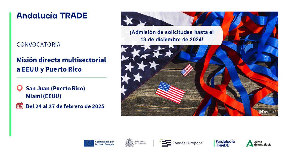 trade_andalucia's tweet photo. 📣CONVOCATORIA: Misión Directa #Multisectorial en #EEUU y #PuertoRico 

📍 Miami y San Juan de Puerto Rico
🗓️ Del 24 al 27 de FEB 2025

Con hincapié en sectores como #aeroespacial, #agro, #construcción o #renovables

#Feder @EconoHaciendAND 
+info en: https://t.co/1eMQHxPOQs https://t.co/EIq7JKUqXi