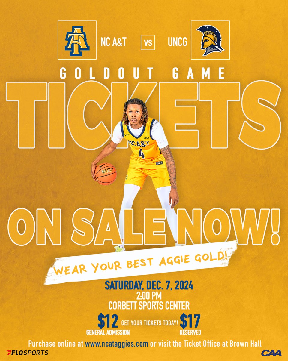 N.C. A&T Athletics (@ncataggies) on Twitter photo Be a Part of the Excitement!
<a href="/ncatmbb/">NC A&T Menโs Basketball</a> vs. <a href="/UNCGBasketball/">UNCG Basketball</a> โ Sat., Dec. 7th @ 2pm at #ClubCorbett
Doors open at 1pm; <a href="/ncatsuaggies/">North Carolina A&T</a> students must claim free tickets through Student Portal. (Subject to availability)
Don't miss this thrilling Gate City matchup!! #AggiePride Be a Part of the Excitement!
<a href="/ncatmbb/">NC A&T Menโs Basketball</a> vs. <a href="/UNCGBasketball/">UNCG Basketball</a> โ Sat., Dec. 7th @ 2pm at #ClubCorbett
Doors open at 1pm; <a href="/ncatsuaggies/">North Carolina A&T</a> students must claim free tickets through Student Portal. (Subject to availability)
Don't miss this thrilling Gate City matchup!! #AggiePride