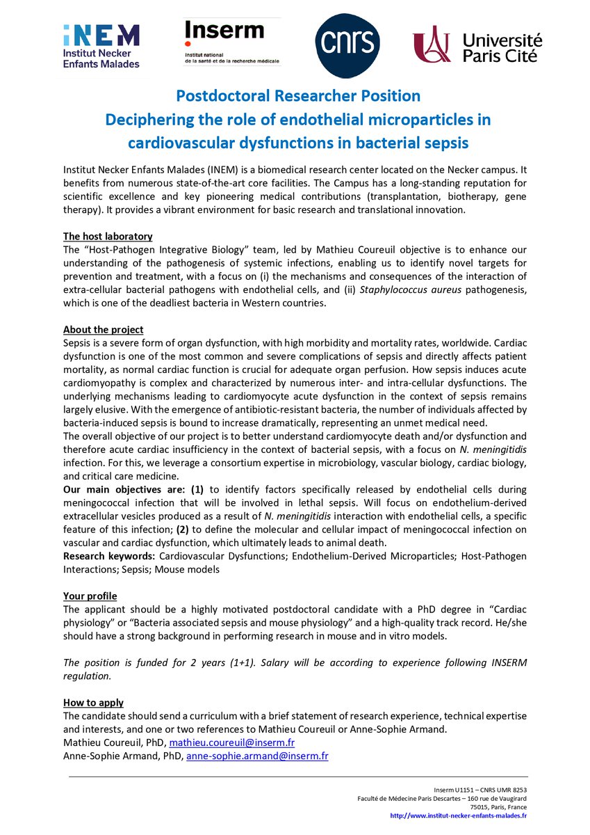 INEM NECKER (@neckerinem) on Twitter photo 🚨 Postdoc Opportunity. Join the "Host-Pathogen Integrative Biology" team at INEM to study endothelial microparticles in cardiovascular dysfunctions during bacterial sepsis. <a href="/MathieuCoureuil/">Mathieu Coureuil</a>
🌐More info & application: institut-necker-enfants-malades.fr/index.php/en-g… 🚨 Postdoc Opportunity. Join the "Host-Pathogen Integrative Biology" team at INEM to study endothelial microparticles in cardiovascular dysfunctions during bacterial sepsis. <a href="/MathieuCoureuil/">Mathieu Coureuil</a>
🌐More info & application: institut-necker-enfants-malades.fr/index.php/en-g…