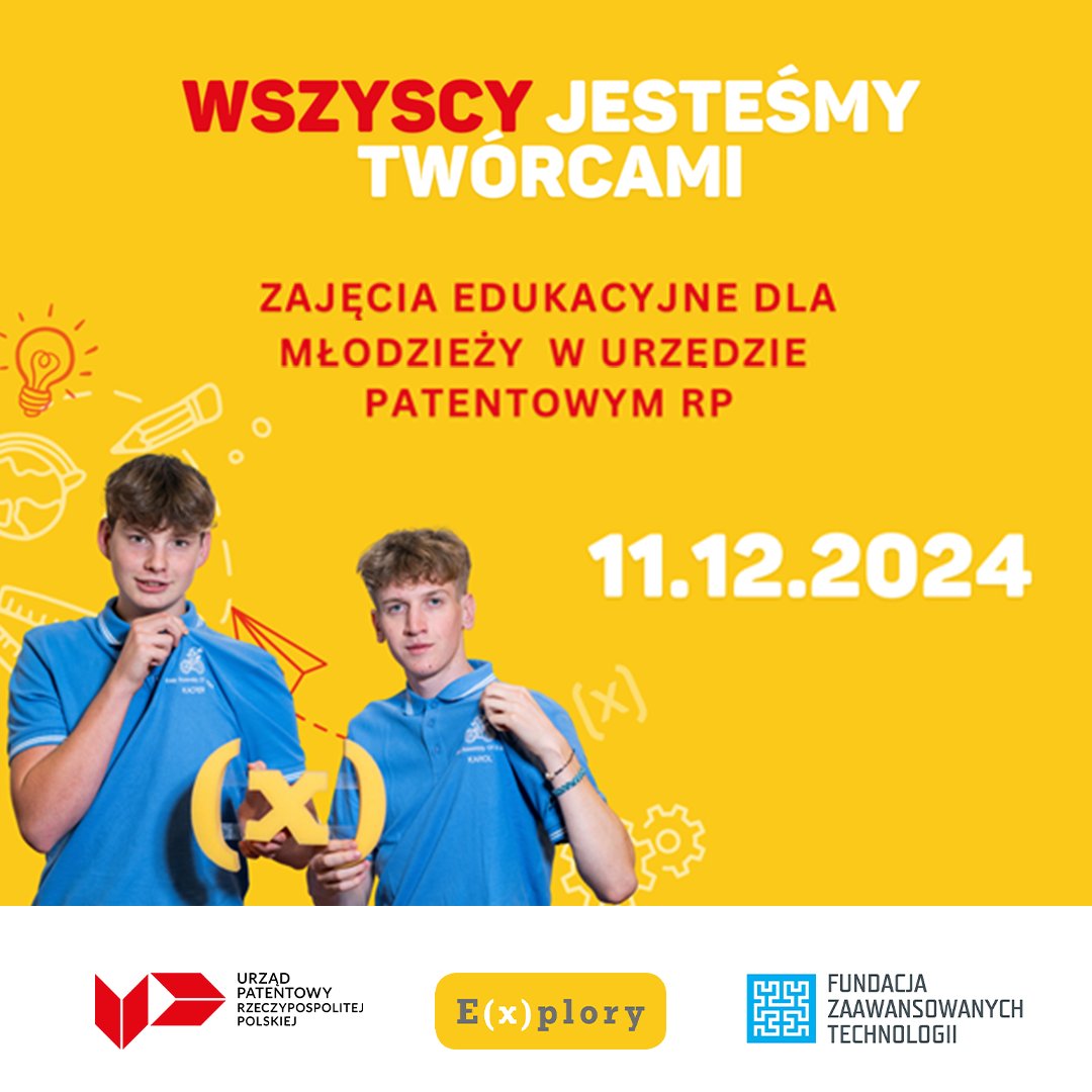 Centralny Dom Technologii (@cdt_waw) on Twitter photo 🚀 "Wszyscy jesteśmy twórcami"! 11 grudnia 2024 r. w <a href="/UPRP_GOV_PL/">Urząd Patentowy RP</a> odbędą się zajęcia edukacyjne dla młodzieży. ✅ Wystawa „Historia patentów”, warsztaty o ochronie własności intelektualnej, konkursy z nagrodami. 🎁Szczegóły i zapisy 👉 forms.office.com/e/gdXM94wCUym 🚀 "Wszyscy jesteśmy twórcami"! 11 grudnia 2024 r. w <a href="/UPRP_GOV_PL/">Urząd Patentowy RP</a> odbędą się zajęcia edukacyjne dla młodzieży. ✅ Wystawa „Historia patentów”, warsztaty o ochronie własności intelektualnej, konkursy z nagrodami. 🎁Szczegóły i zapisy 👉 forms.office.com/e/gdXM94wCUym