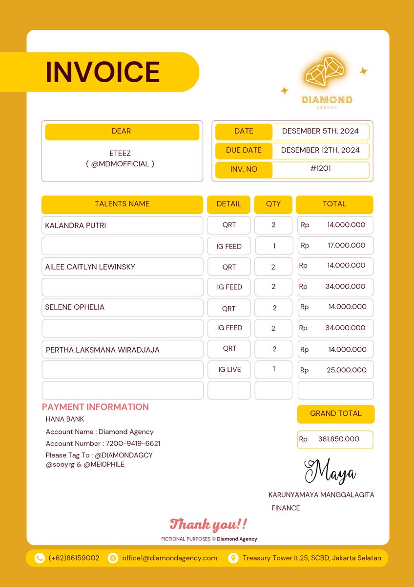 DIAMONDAGCY's tweet photo. [ 📩 ]
To : ETEEZ (@mdmofficiall) 
Cc :
alleta@diamond.net (@sooyrg)
karunya@diamond.net (@MEI0PHILE)
Subject : INVOICE
🖇 :

Dear ETEEZ,
Terima kasih telah menggunakan jasa Diamond Agency. Berikut invoice &amp; payment informationnya! https://t.co/pcuo61h1wb