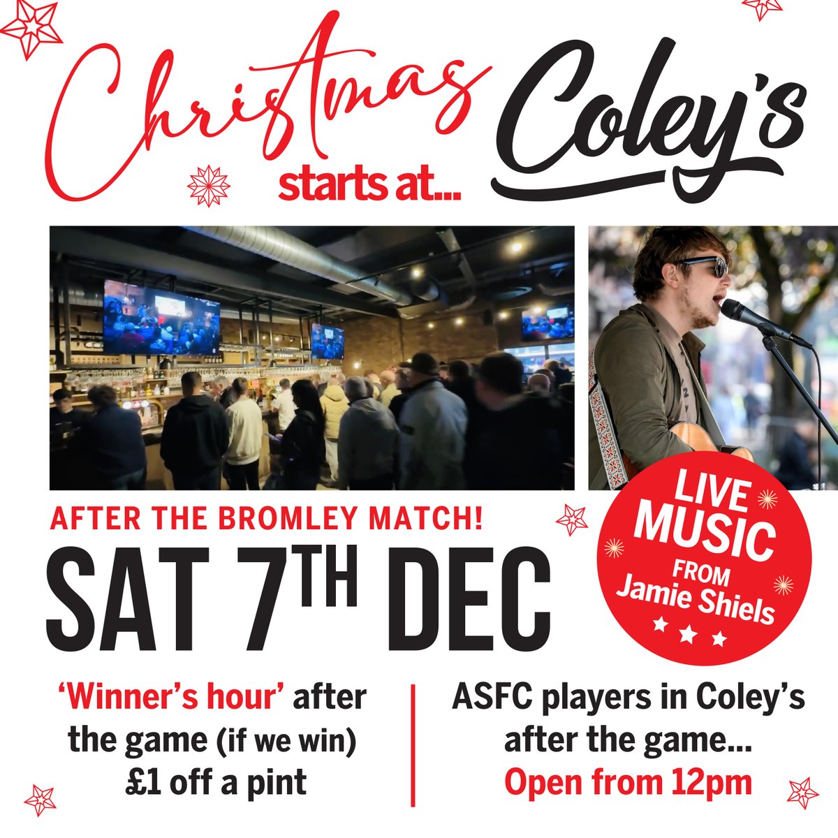 ASFCofficial's tweet photo. Christmas starts in Coley’s after tomorrow's game! 🎄🤩

We’ve got live music from the fantastic Jamie Shiels, Winner’s Hour (if we win) and some special appearances from our players in Coley’s after the game 🙌🏼

See you there! 🍻 https://t.co/2LR8hkKuNe