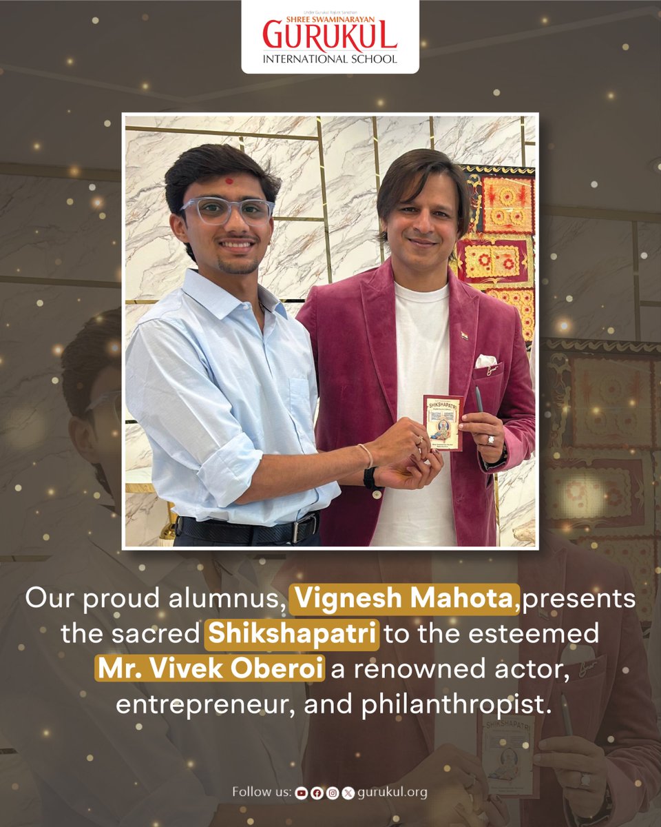 gurukul_org's tweet photo. Our proud Alumnus, Vighnesh Mahota, presents the sacred Shikshapatri to the esteemed Mr. Vivek Oberoi a renowned actor, entrepreneur, and philanthropist.

#shikshapatri #gurukul #VivekOberoi #SwaminarayanBhagwan #Alumni https://t.co/6Xc3kIXpKT