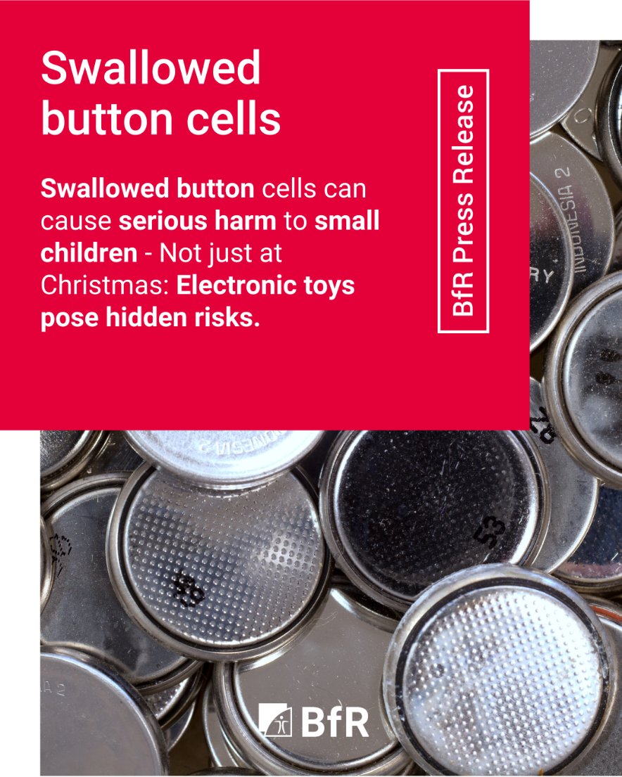 bfren's tweet image. Over the past decade, several hundred cases of swallowed button cells have been reported to the BfR by clinics and poison centres. If a #ButtonCell has been swallowed, the child should be examined in a clinic immediately.

Our press release: bfr.bund.de/en/press_infor…