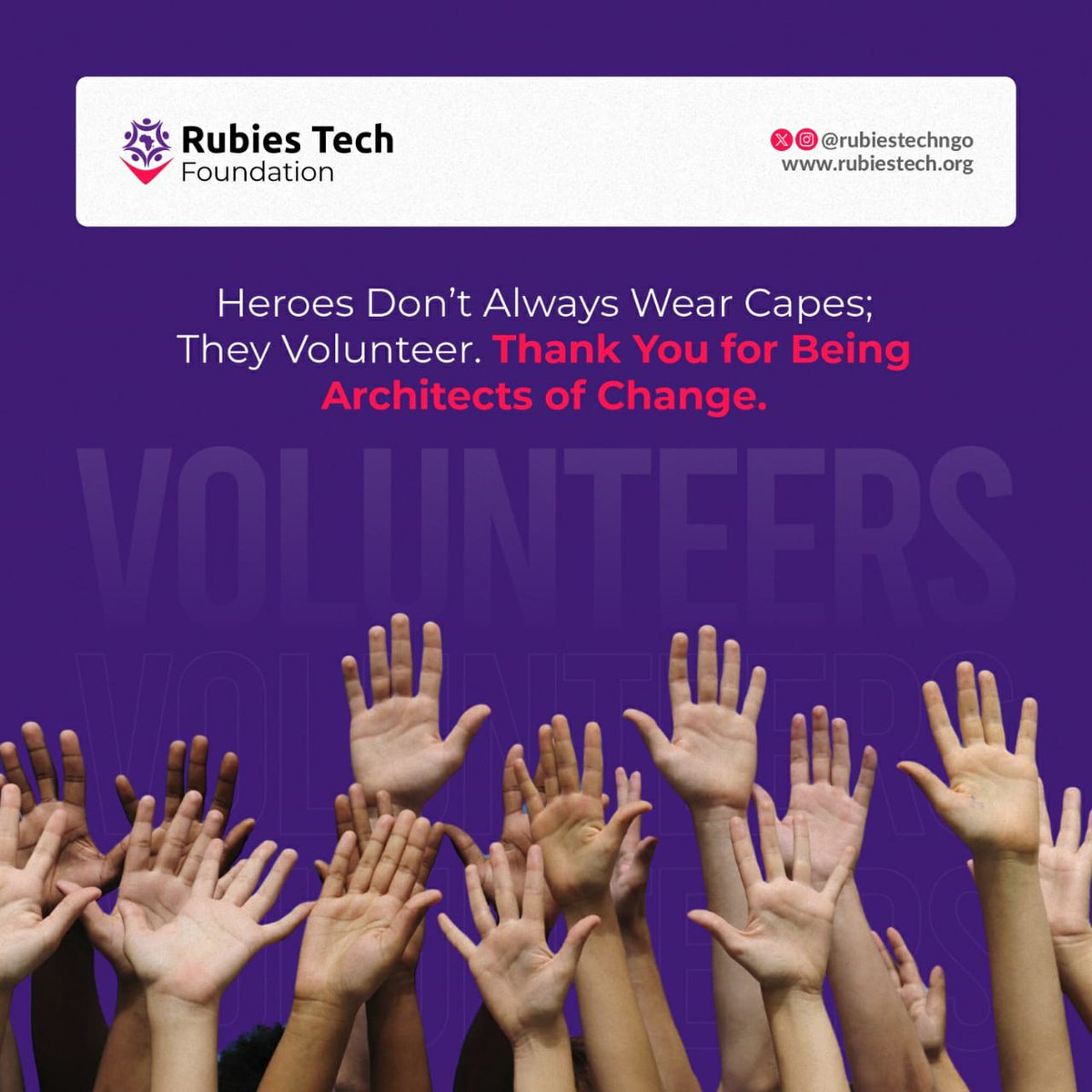 rubiestechngo's tweet photo. Heroes don’t always wear capes—they volunteer. 

Thank you for being architects of change and driving impact in our communities. Volunteers inspire us all to do better and give back.

Tag a volunteer who inspires you today!

#IVD2024 #RubiesTechFoundation #ArchitectsOfChange https://t.co/u1DHjNxWVu